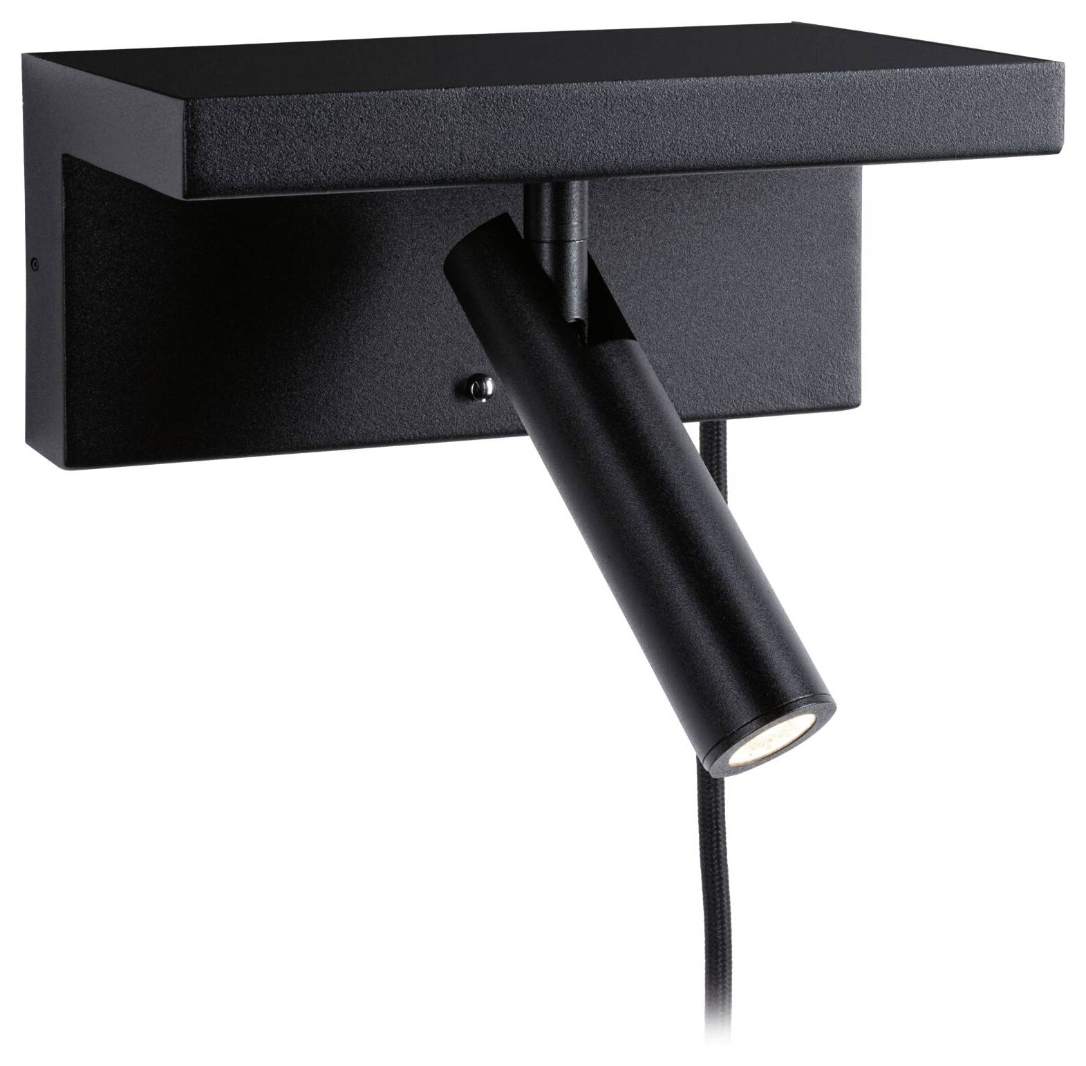 Schwarze Wandleuchte mit rechteckiger Ablagefläche und verstellbarem zylinderförmigem Lampenarm. Modernes Design, geeignet für Lesezwecke.