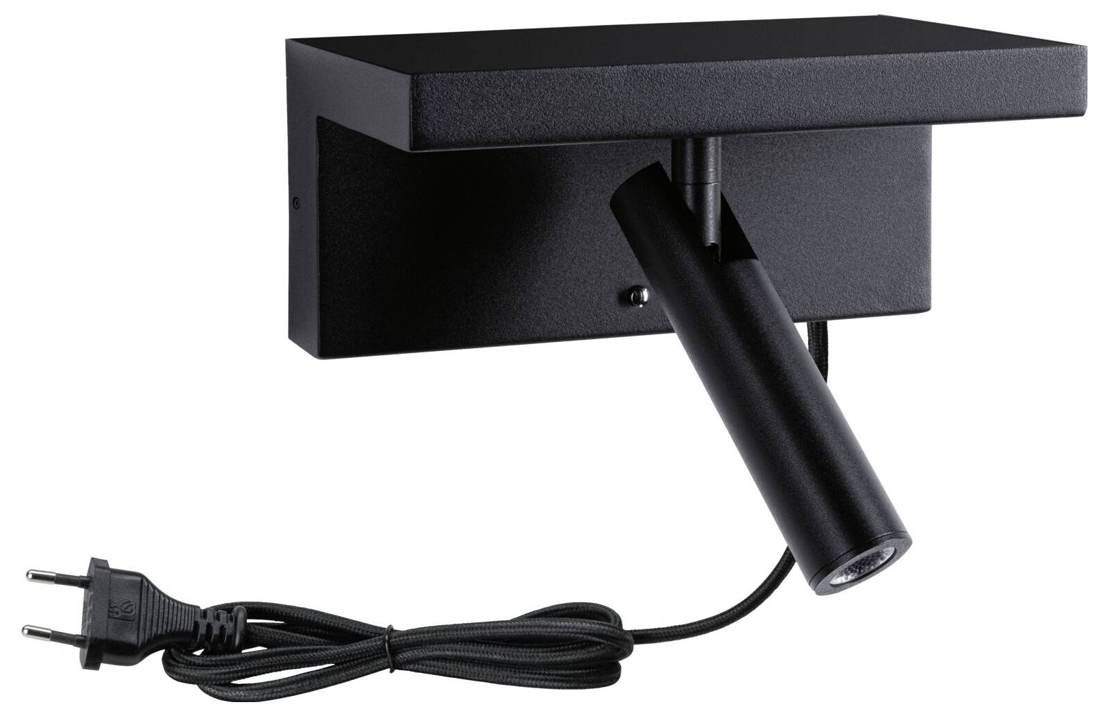 Schwarze Wandlampe mit rechteckigem Gehäuse und flexiblem Leuchtarm sowie Stromkabel mit Stecker.