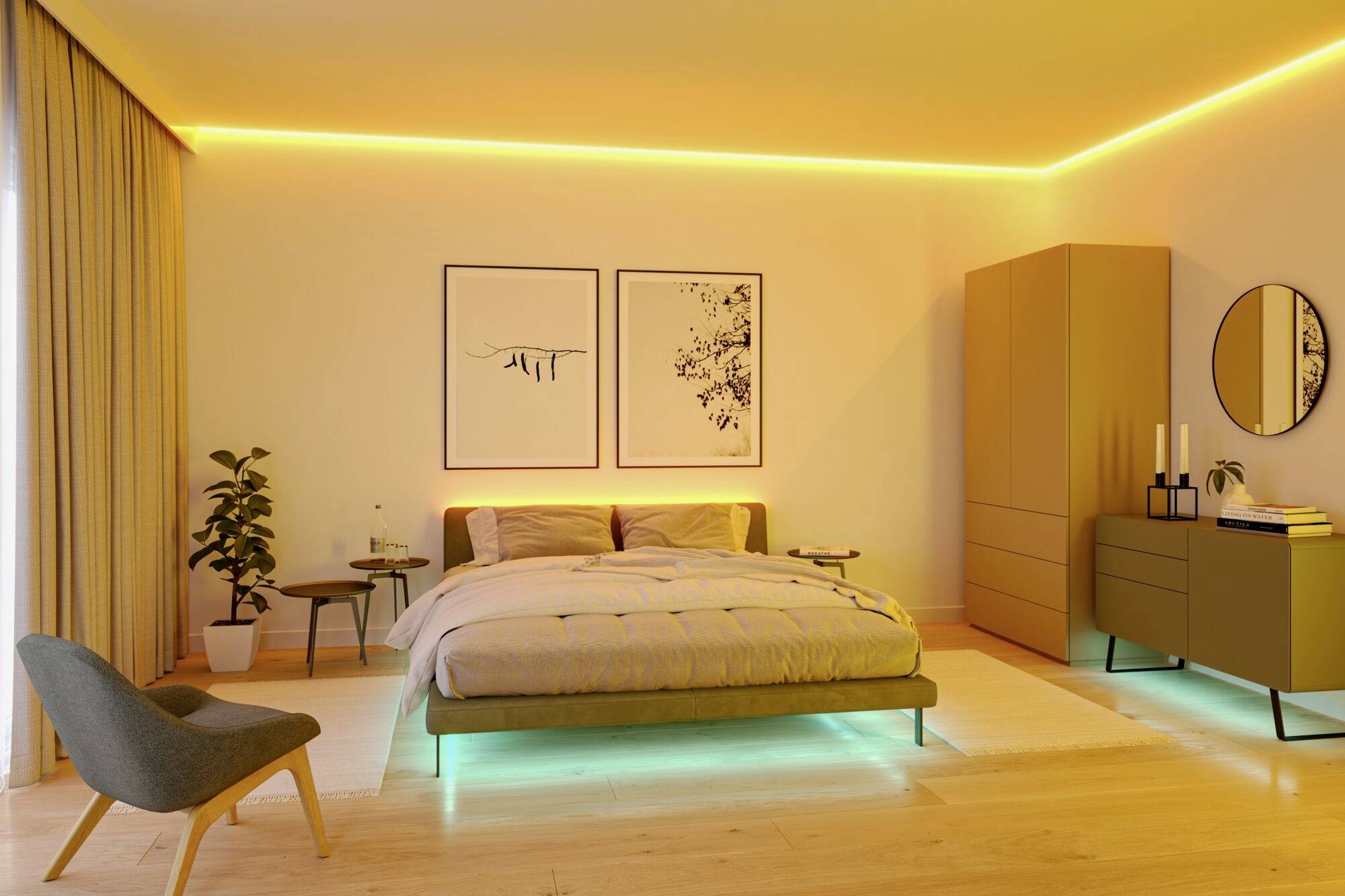 Ein modernes Schlafzimmer mit einem Doppelbett, umgeben von stimmungsvoller Beleuchtung. Ein Schrank und Sessel ergänzen die Einrichtung.