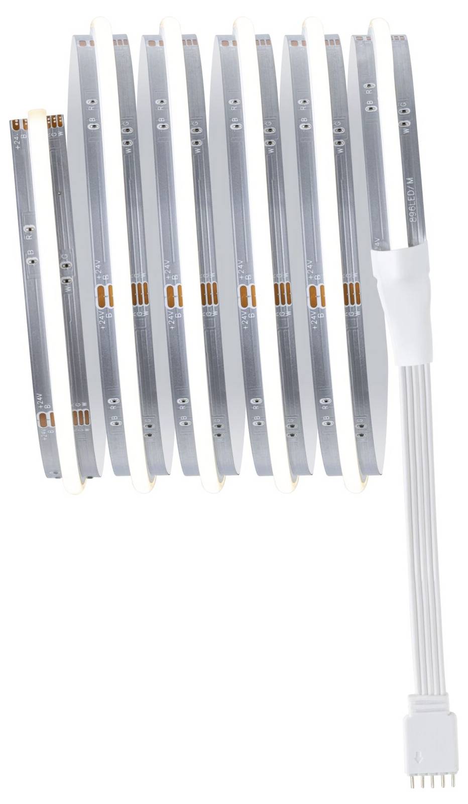 Ein flexibler LED-Streifen mit Anschlusskabel, geeignet für Beleuchtungszwecke, zeigt mehrere eingelassene LEDs und Kupferkontakte.