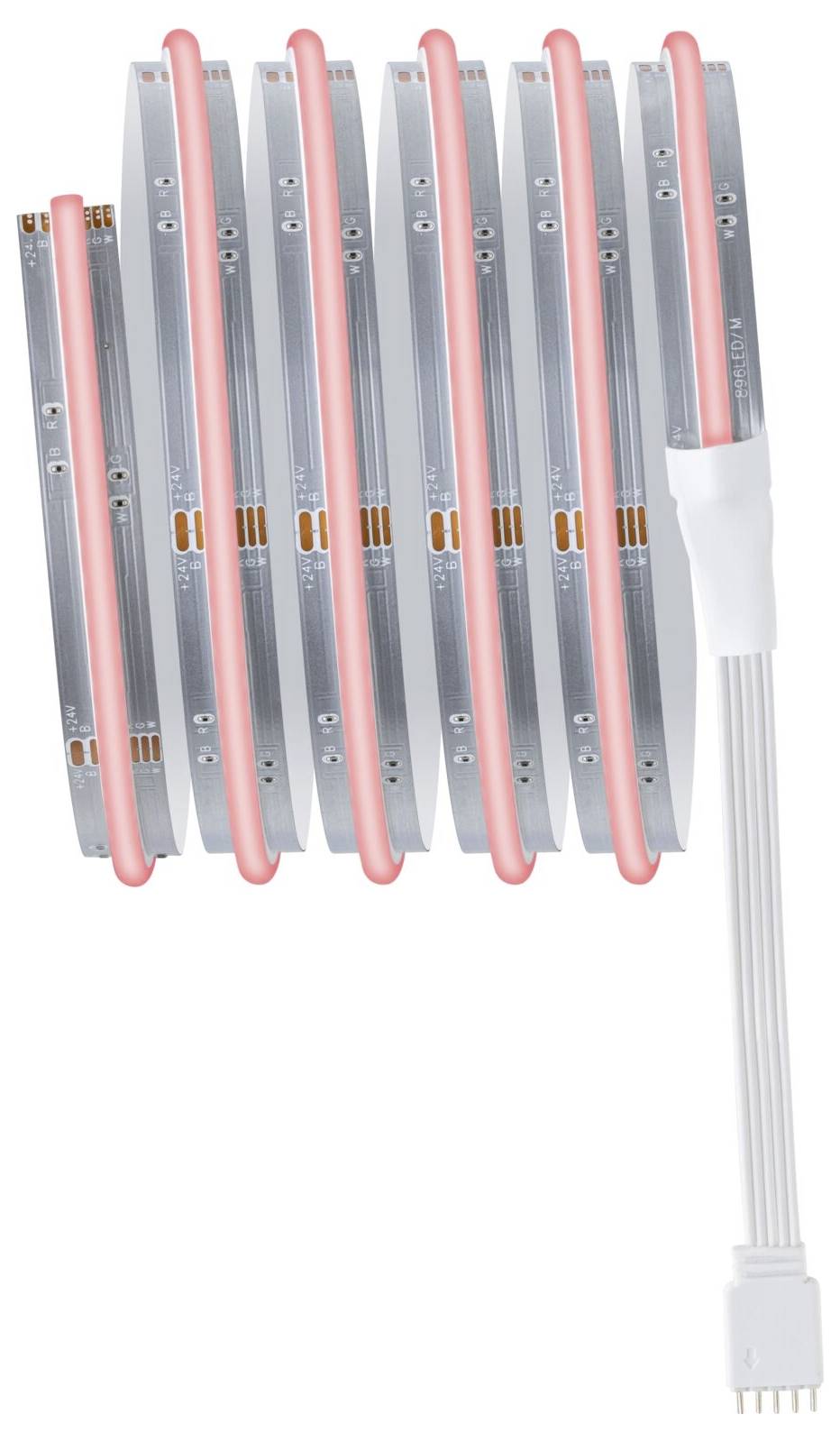 LED-Streifen in einer biegsamen Anordnung, mit einem Kabel auf der rechten Seite verbunden.