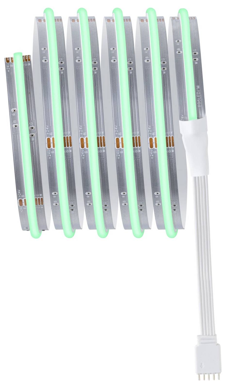 Leuchtender LED-Streifen, aufgerollt, mit grünem Licht und einem weißen Anschlusskabel.