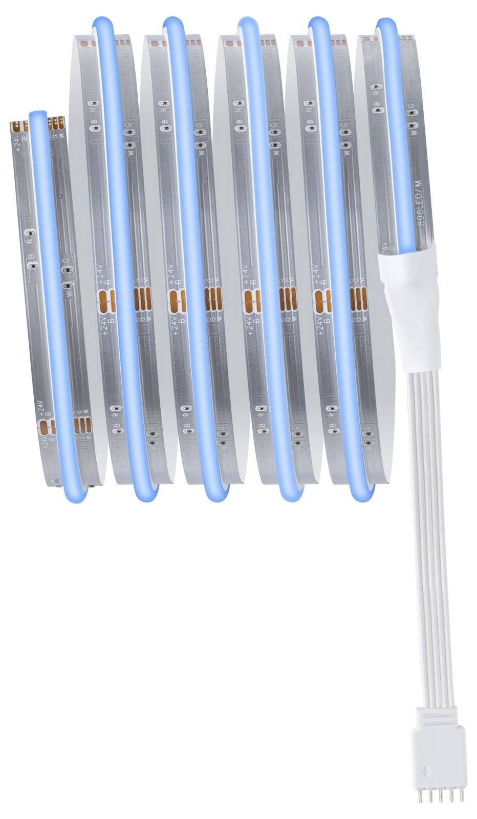 Flexibles LED-Streifenlicht mit blauem Akzent, das zu einer Spirale geformt ist, mit einem weißen Anschlusskabel am Ende.