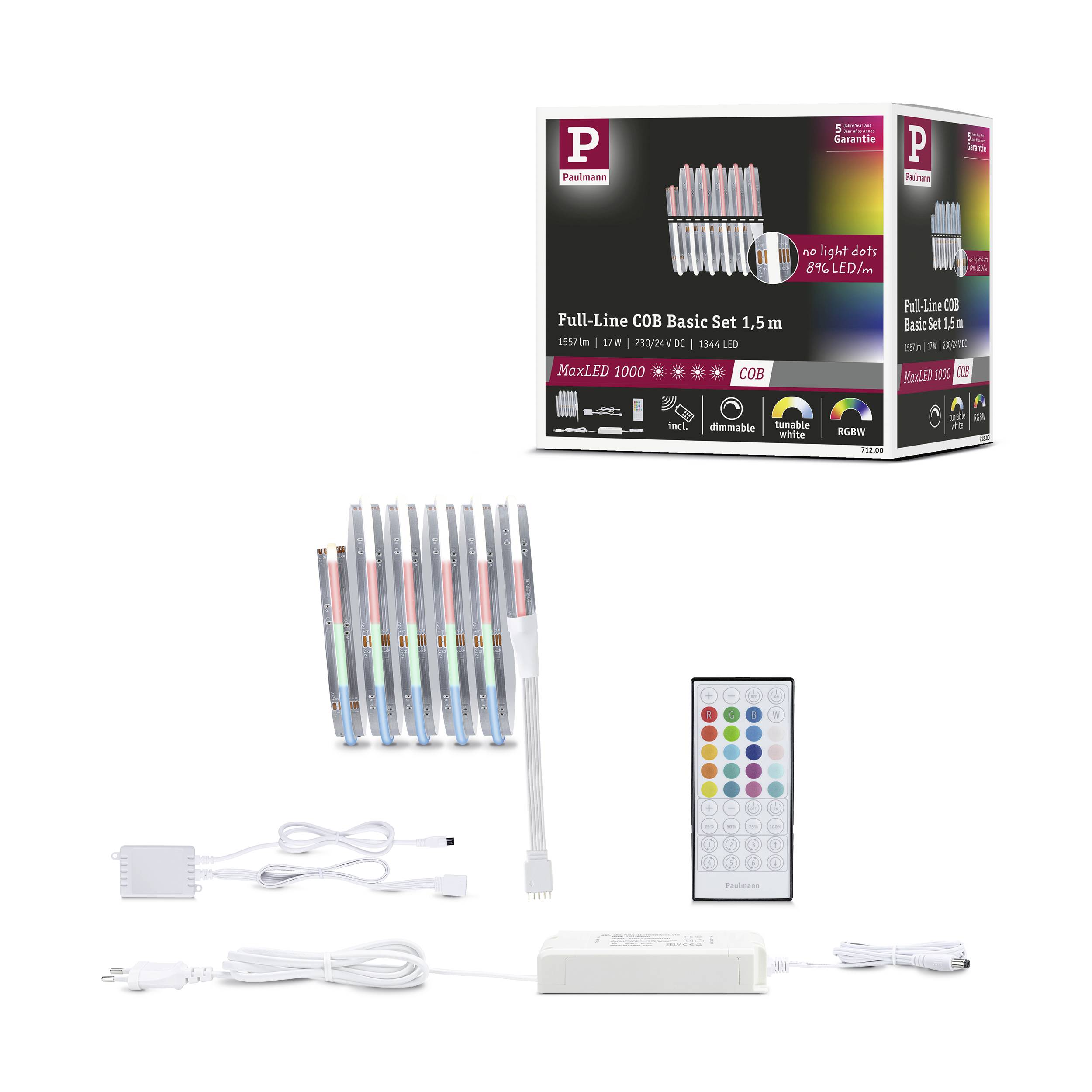 Ein LED-Leuchten-Set mit Fernbedienung, Netzteil und Verlängerungskabel. Verpackung zeigt Produktbilder und Spezifikationen.
