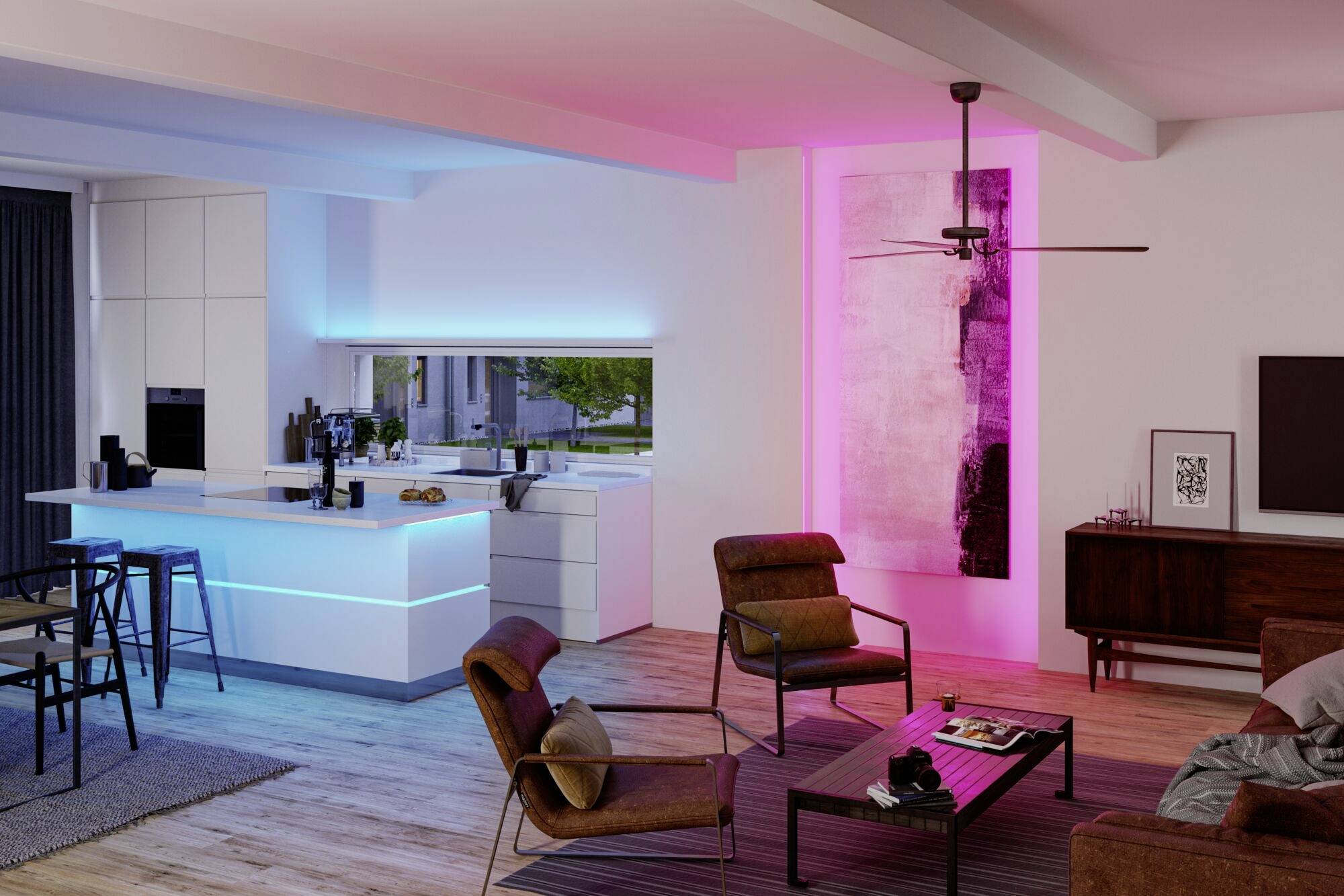 Ein modernes Wohnzimmer und Küche mit LED-Beleuchtung. Neonlichter wechseln von blau zu pink. Elegante Möbel, zentrale Kochinsel.