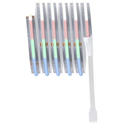 Ein aufgerollter LED-Lichtstreifen mit bunten Leuchtdioden in Rot, Grün und Blau, verbunden durch ein weißes Kabel an einer Seite.