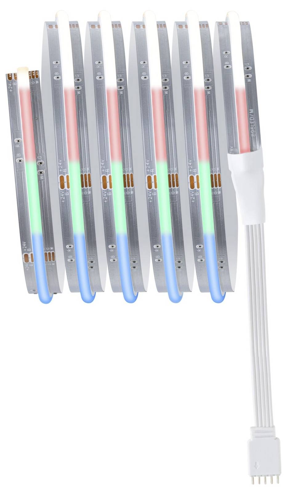 Ein gerollter LED-Streifen mit roten, grünen und blauen Segmenten, verbunden mit einem weißen Anschlusskabel.