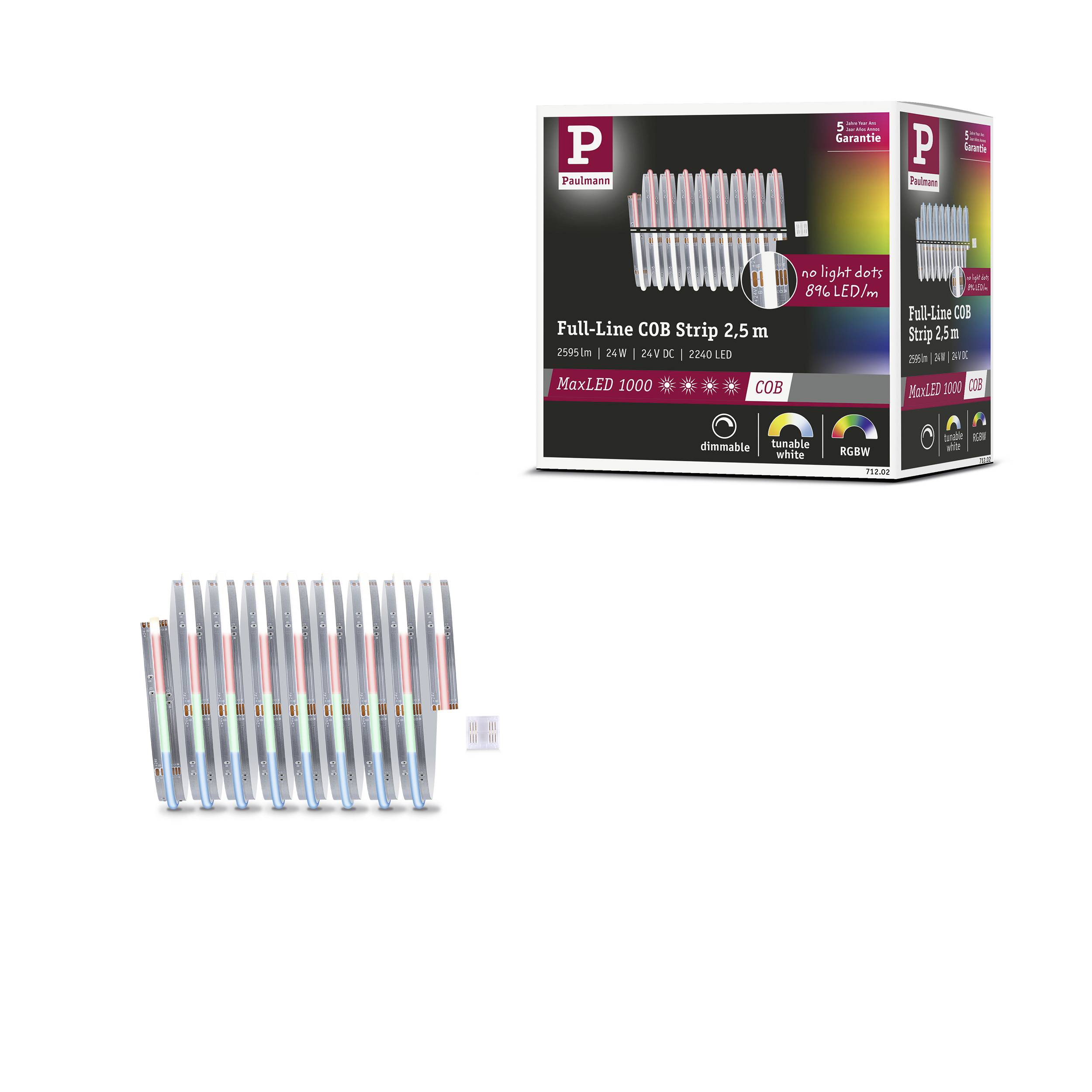 Verpackung der 'Full-Line COB Strip 2.5 m' von Paulmann. Zeigt LED-Leuchtenreihe, geeignet für verschiedene Farbtemperaturen.