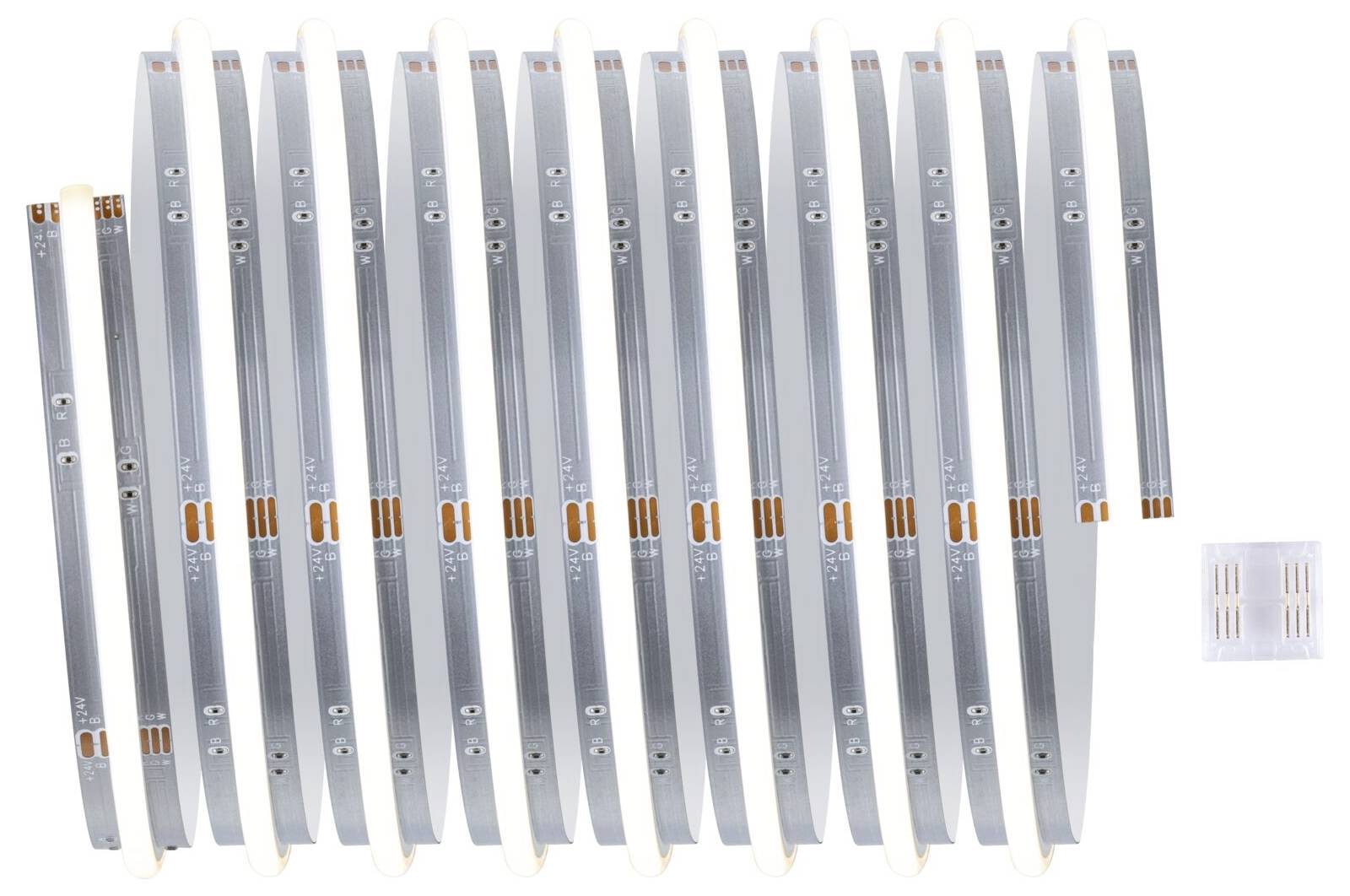 Zwölf LED-Streifen mit leuchtenden Teilen und einem separaten Anschlussblock sind parallel nebeneinander angeordnet.