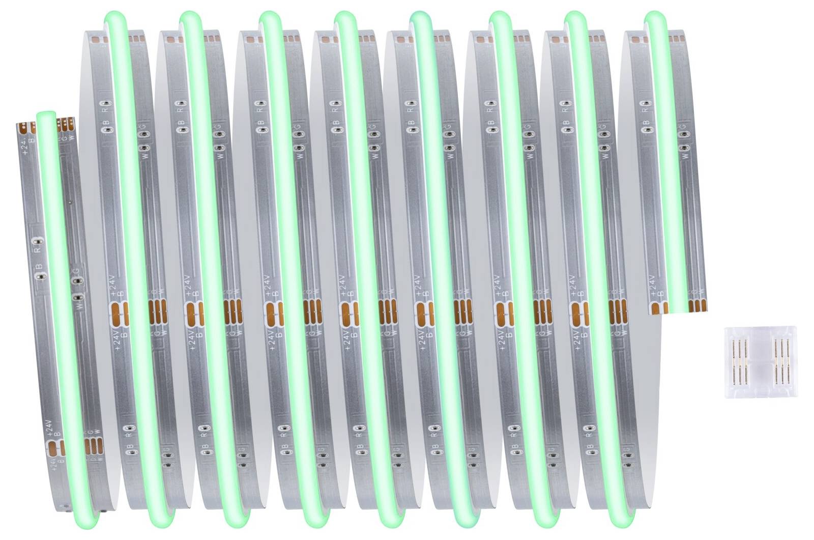 Zehn zusammengerollte LED-Lichtstreifen mit grünem Leuchten, daneben ein kleines Anschlussstück, auf weißem Hintergrund.