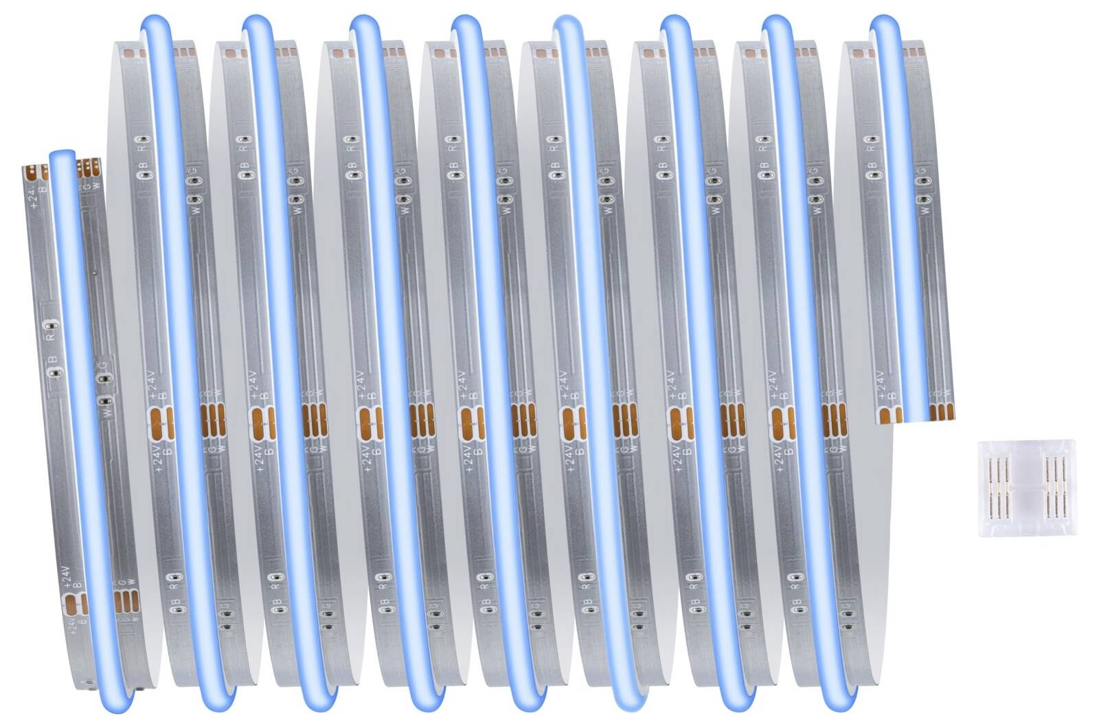 Elf LED-Streifen in Blau, parallel angeordnet, mit kleinem weißen Steckverbinder rechts. Ideal zur Beleuchtung.