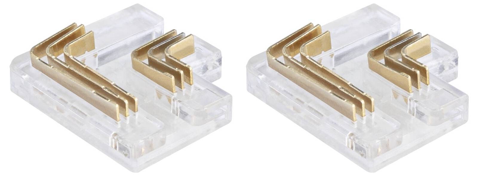 Zwei identische transparente Kunststoffblöcke mit goldenen Metallkontakten in L-Form, möglicherweise elektrische Anschlussklemmen.
