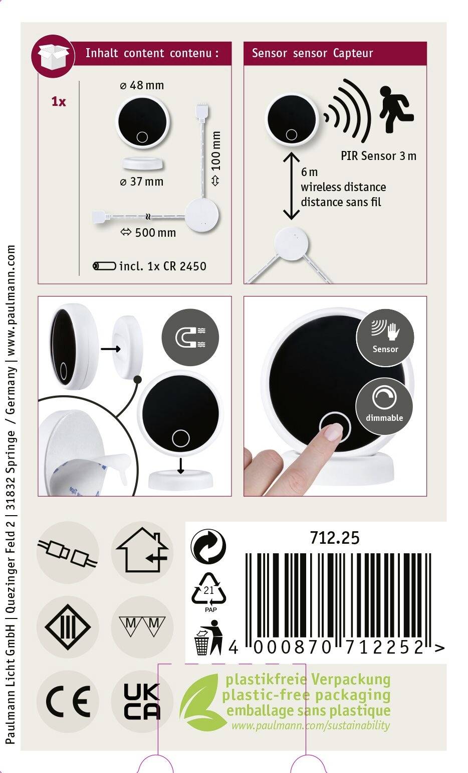 Verpackungsetikett eines Sensors mit mehreren Abbildungen: Einzelne Teile, Installationsanleitung und Hinweis auf plastikfreie Verpackung.