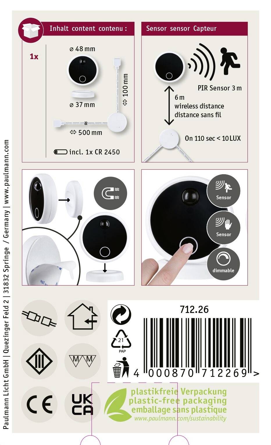 'PIR Sensor 3 m' Abbildung zeigt einen runden Bewegungsmelder mit 120° Erfassungswinkel und LUX-Funktion. Verpackung plastikfrei.