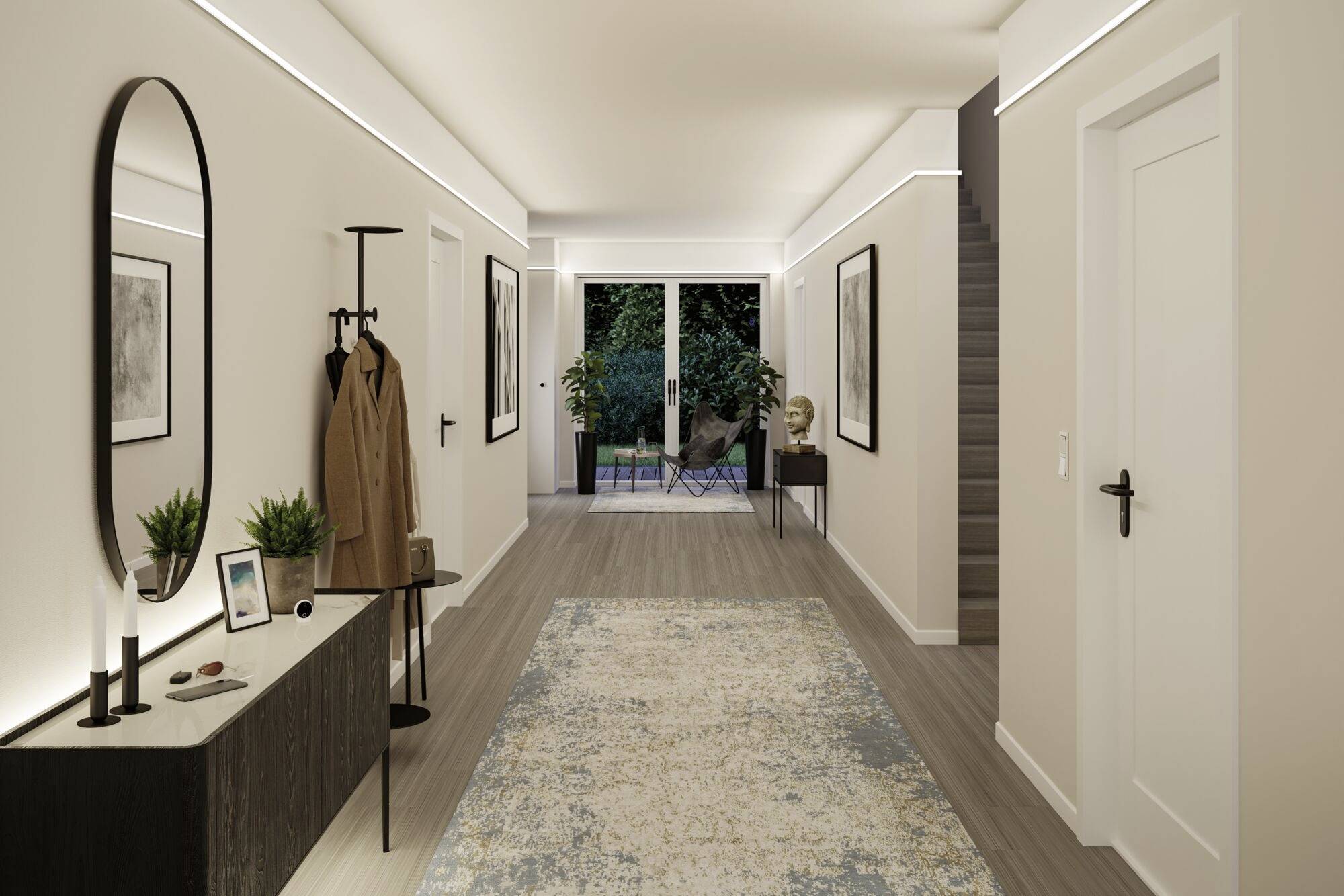 Flur mit modernem Design: Wände in Beige, ein langer Teppich, links eine Konsole mit Pflanzen, ein Spiegel, rechts weiße Türen, am Ende eine Glas-Doppeltür zum Garten.