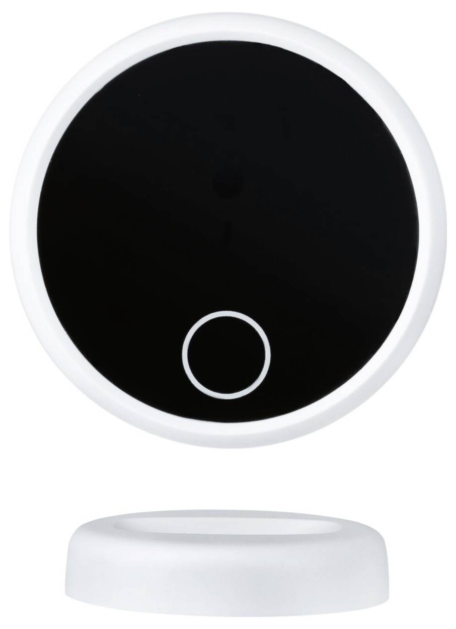 Weißes, rundes Gerät mit schwarzer Oberfläche und zentralem Kreis. Offensichtlich ein technisches Zubehör, auf weißem Hintergrund.