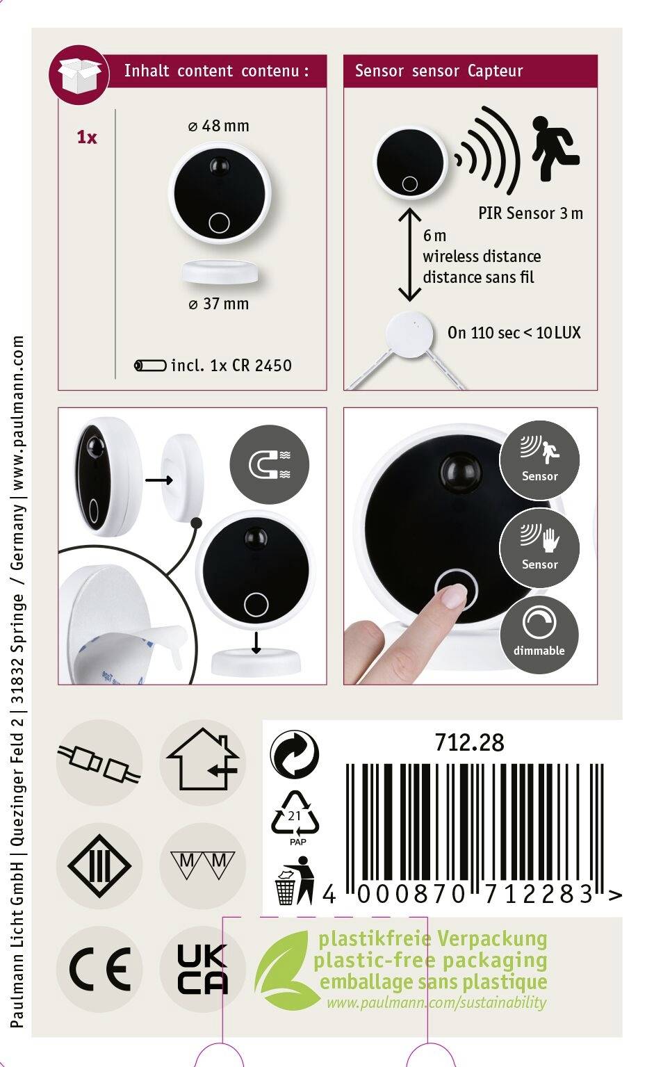 'Bewegungsmelder mit PIR-Sensor, 3m Reichweite, kabellose Installation, inkl. CR2450 Batterie. Plastikfreie Verpackung.'