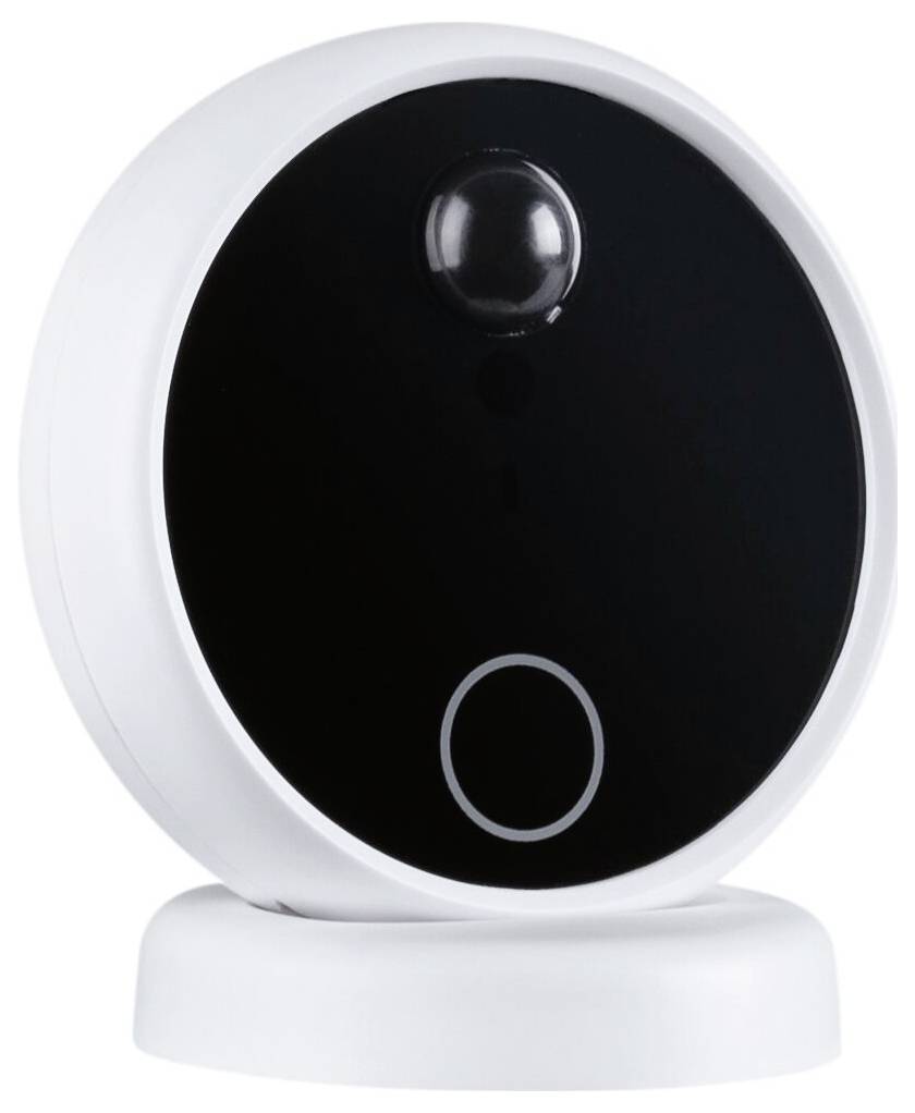 Eine runde, weiße Sicherheitskamera mit schwarzer Front und Objektiv. Sie steht auf einem drehbaren Sockel.