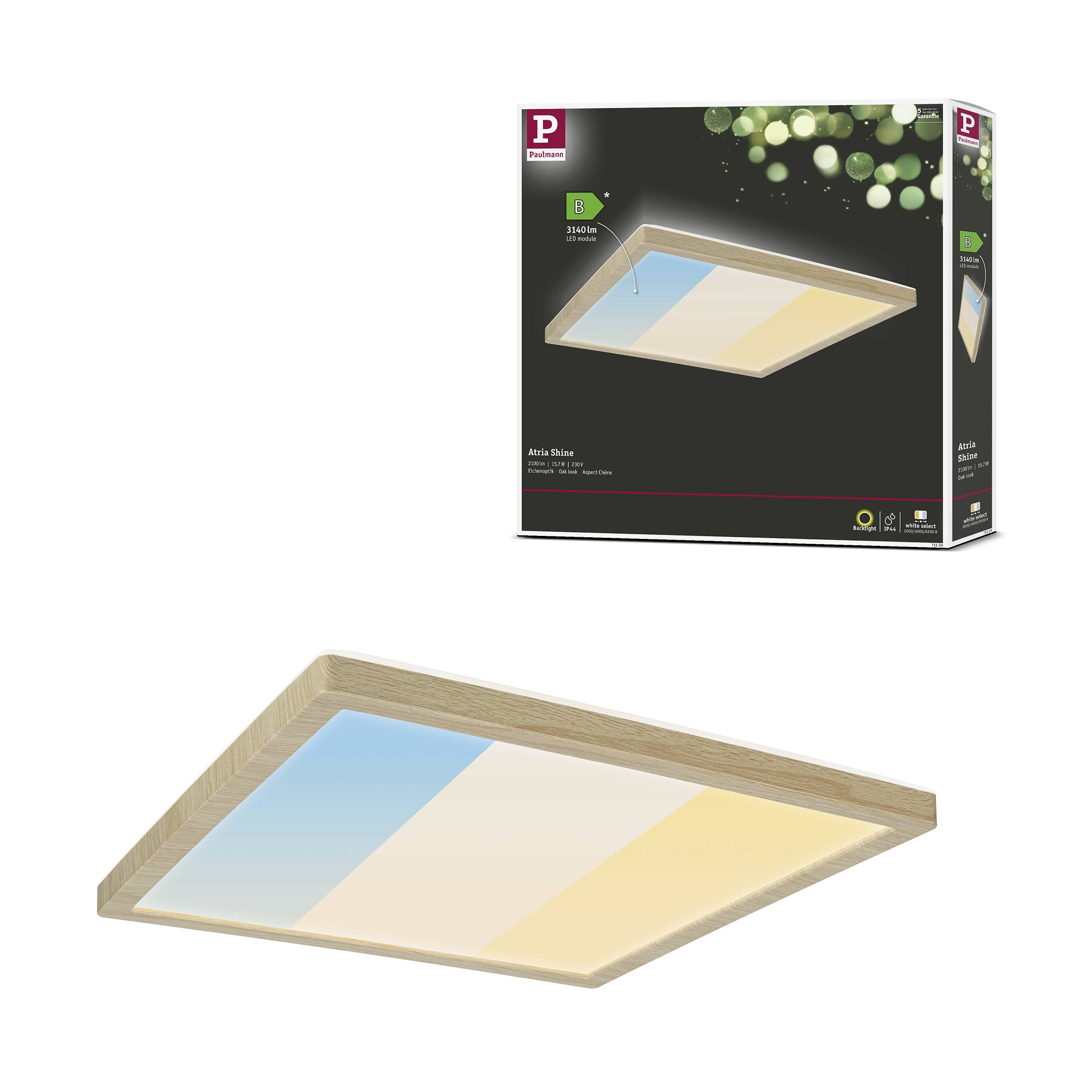 Ein LED-Panel-Licht mit einem Holzrahmen zeigt einen Farbverlauf von Blau zu Gelb. Verpackung im Hintergrund zeigt das Produkt und den Energieeffizienzbereich.