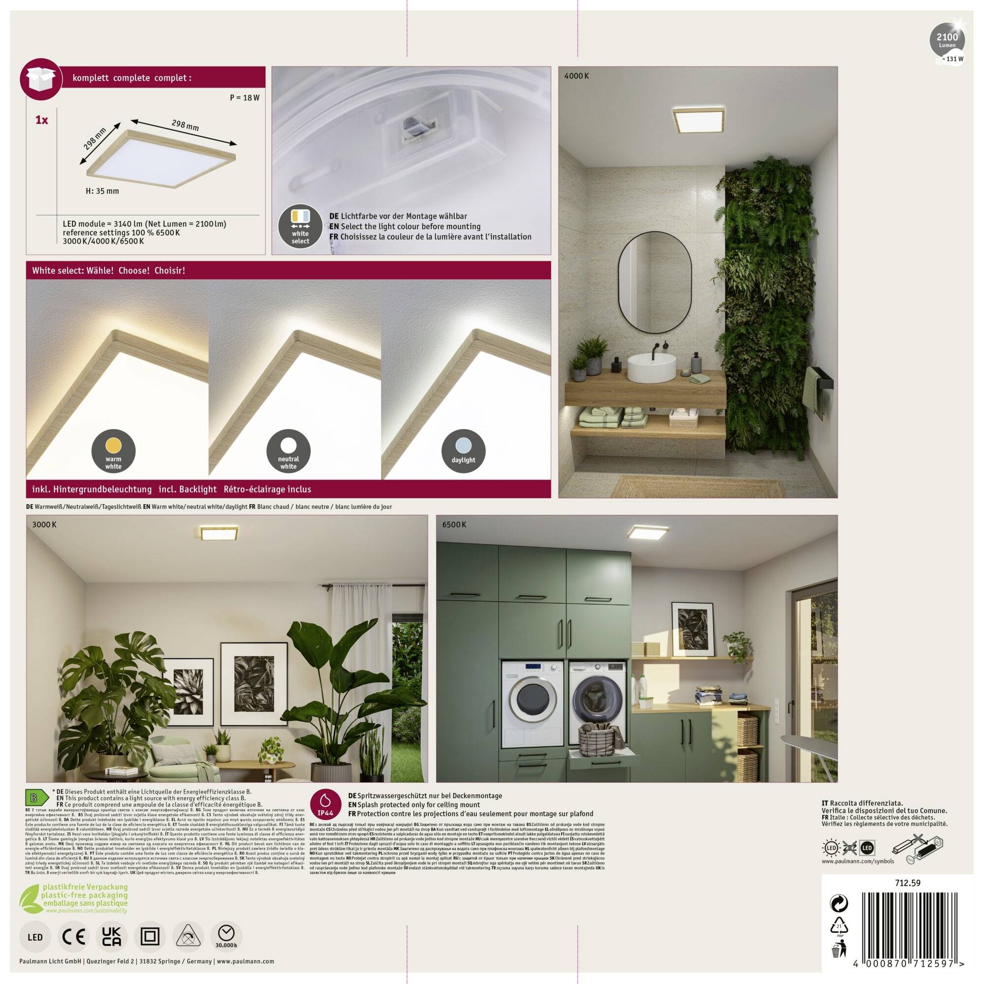 Einzelheiten einer LED-Deckenleuchte, inklusive Designoptionen und Anwendungen in einem Badezimmer und Waschraum dargestellt.
