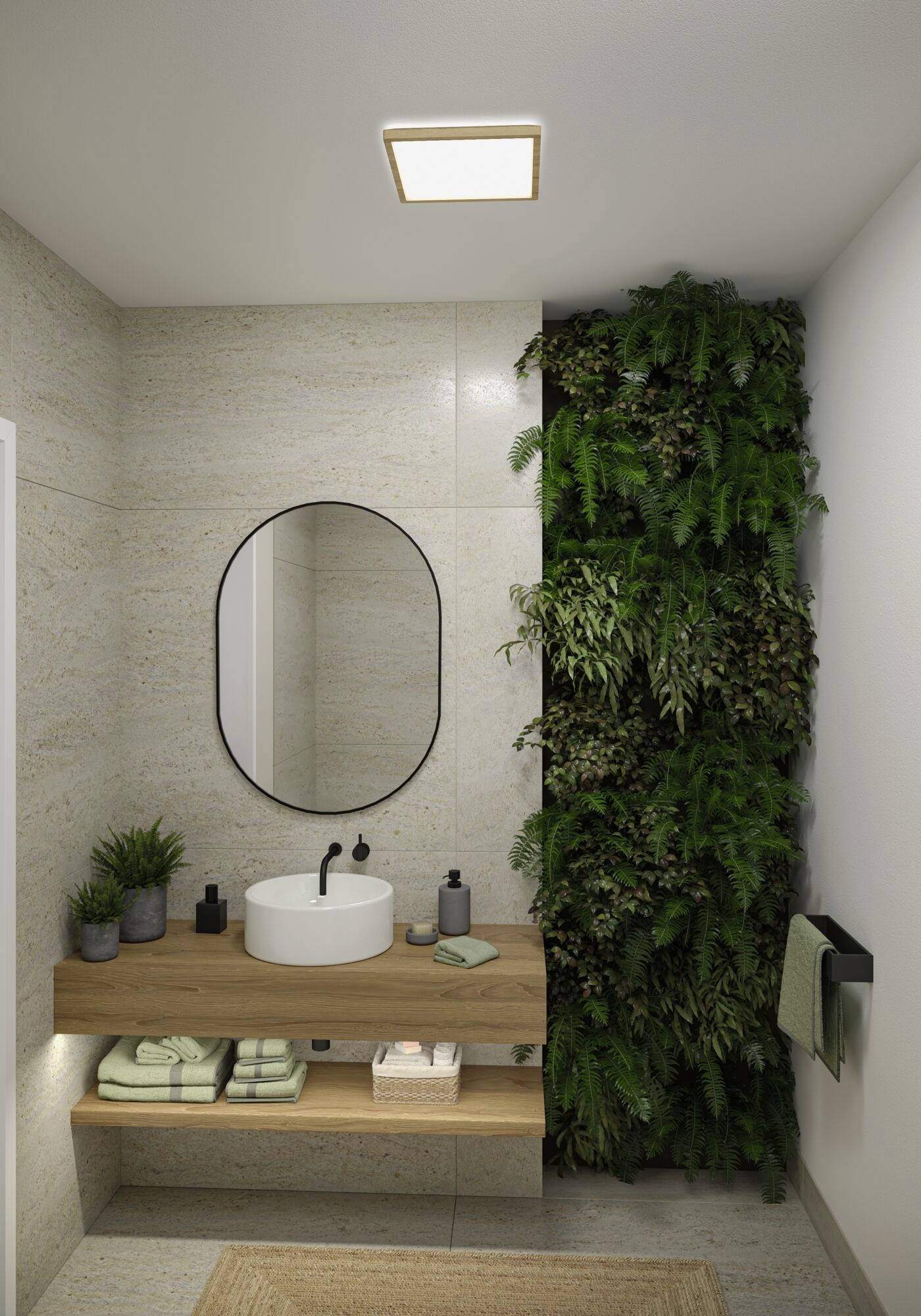 Minimalistisches Badezimmer mit rundem Spiegel, Holzregal mit Waschbecken und Pflanzenwand, die Frische und Natur pur ausstrahlt.