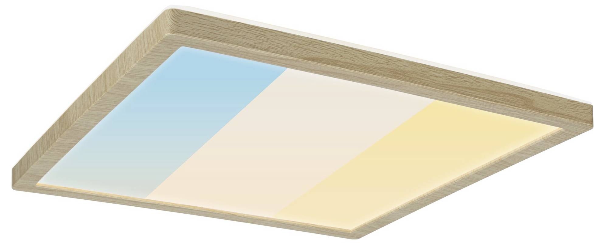 Rechteckige Deckenleuchte mit Holzrahmen, beleuchtet in Farben Blau, Weiß und Gelb, erzeugt einen sanften, modernen Lichteffekt.