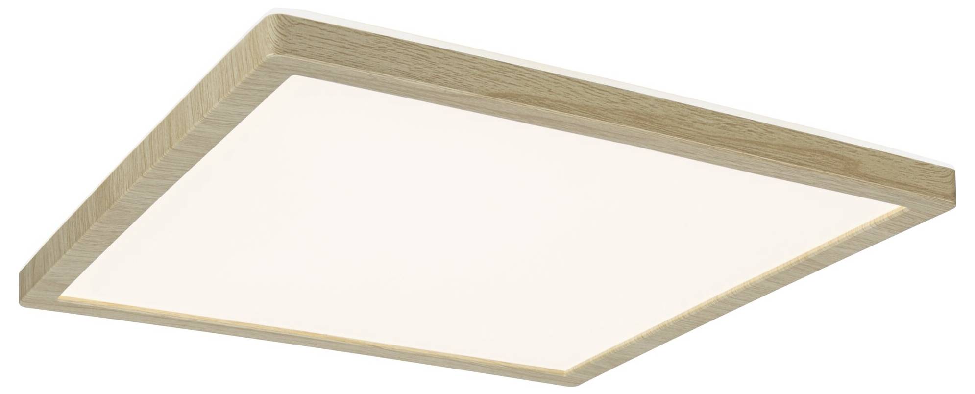 Ein flacher, quadratischer Deckenleuchte mit einem Holzrahmen und einem matten, weißen Lichtpanel in der Mitte.