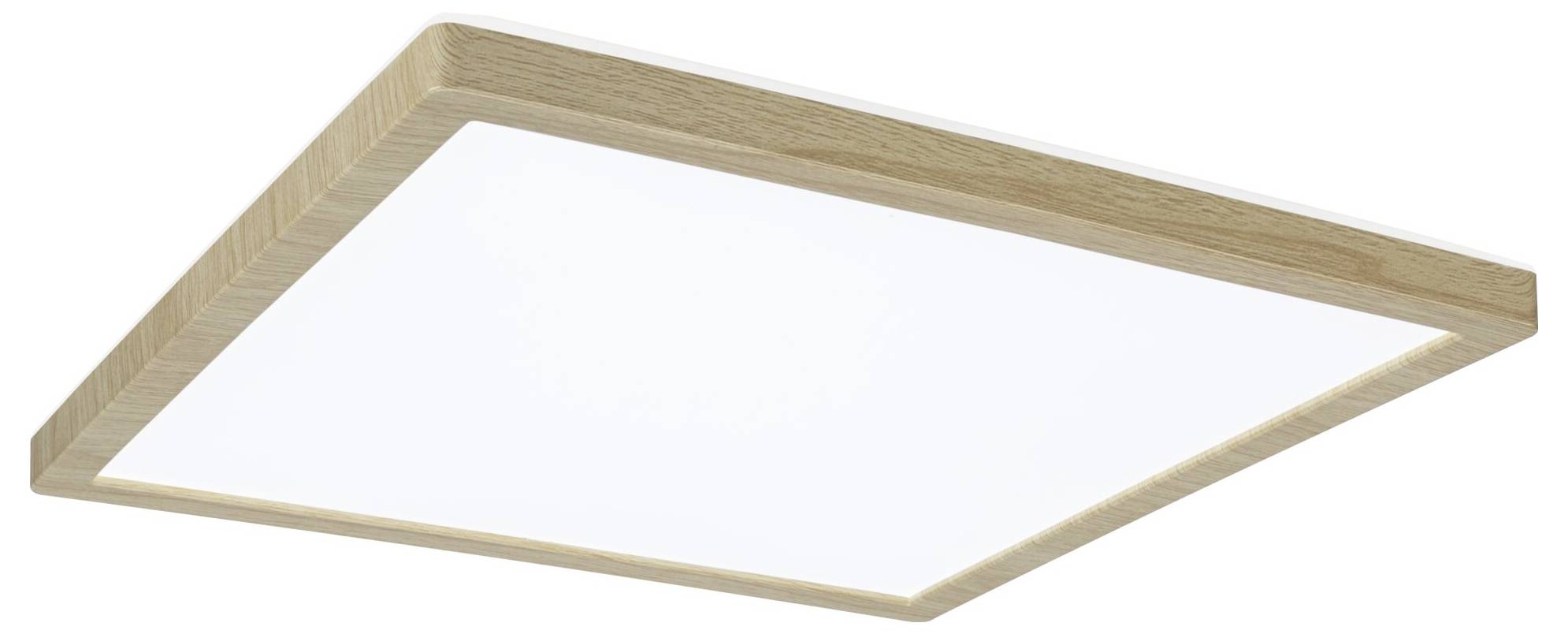Quadratische LED-Deckenleuchte mit hellem Holzrahmen. Moderne, minimalistische Gestaltung für Wohnräume oder Büros.