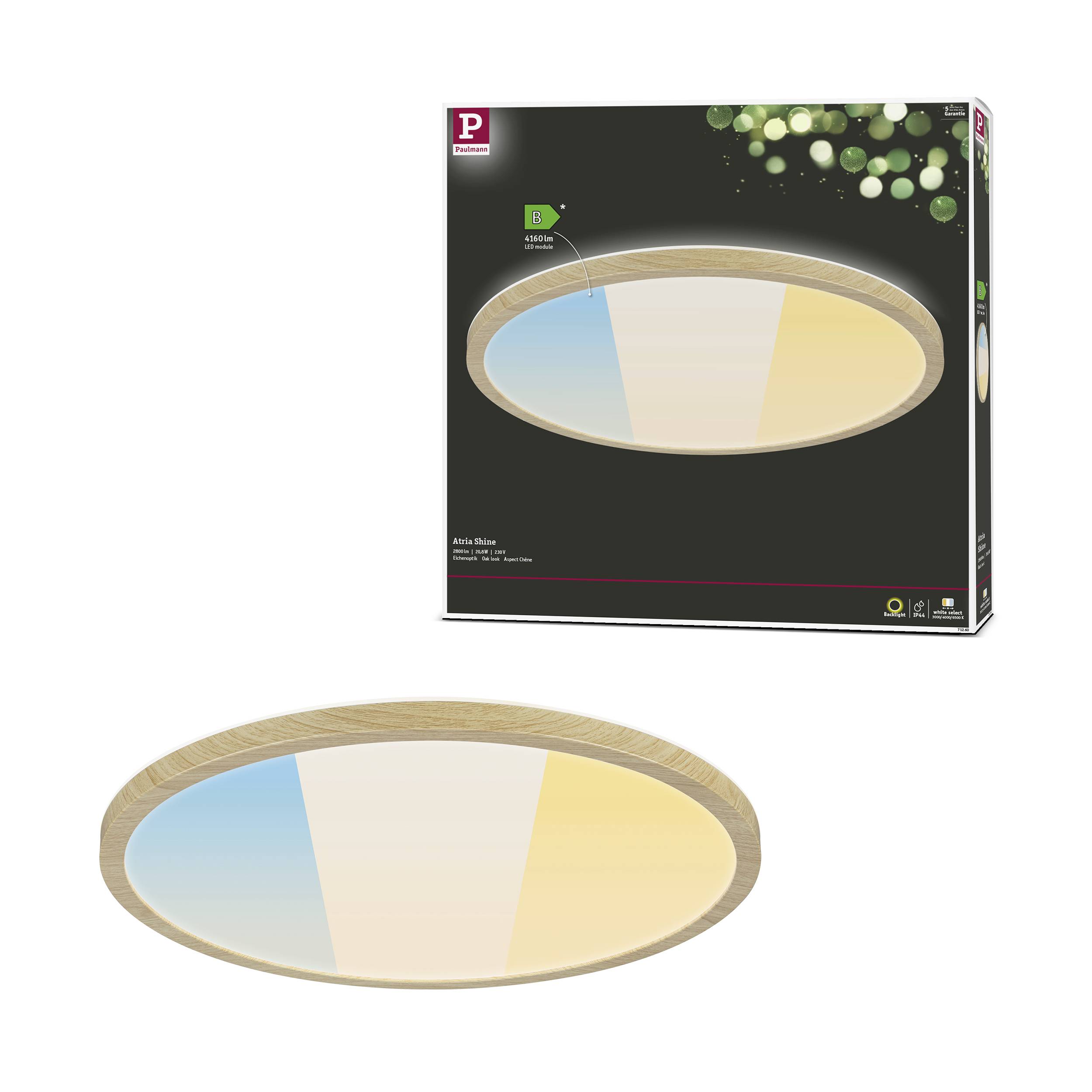 'LED-Deckenleuchte mit Holzeffekt und einstellbarer Farbtemperatur. Verpackung zeigt Produktabbildung und Energieklasse B.'