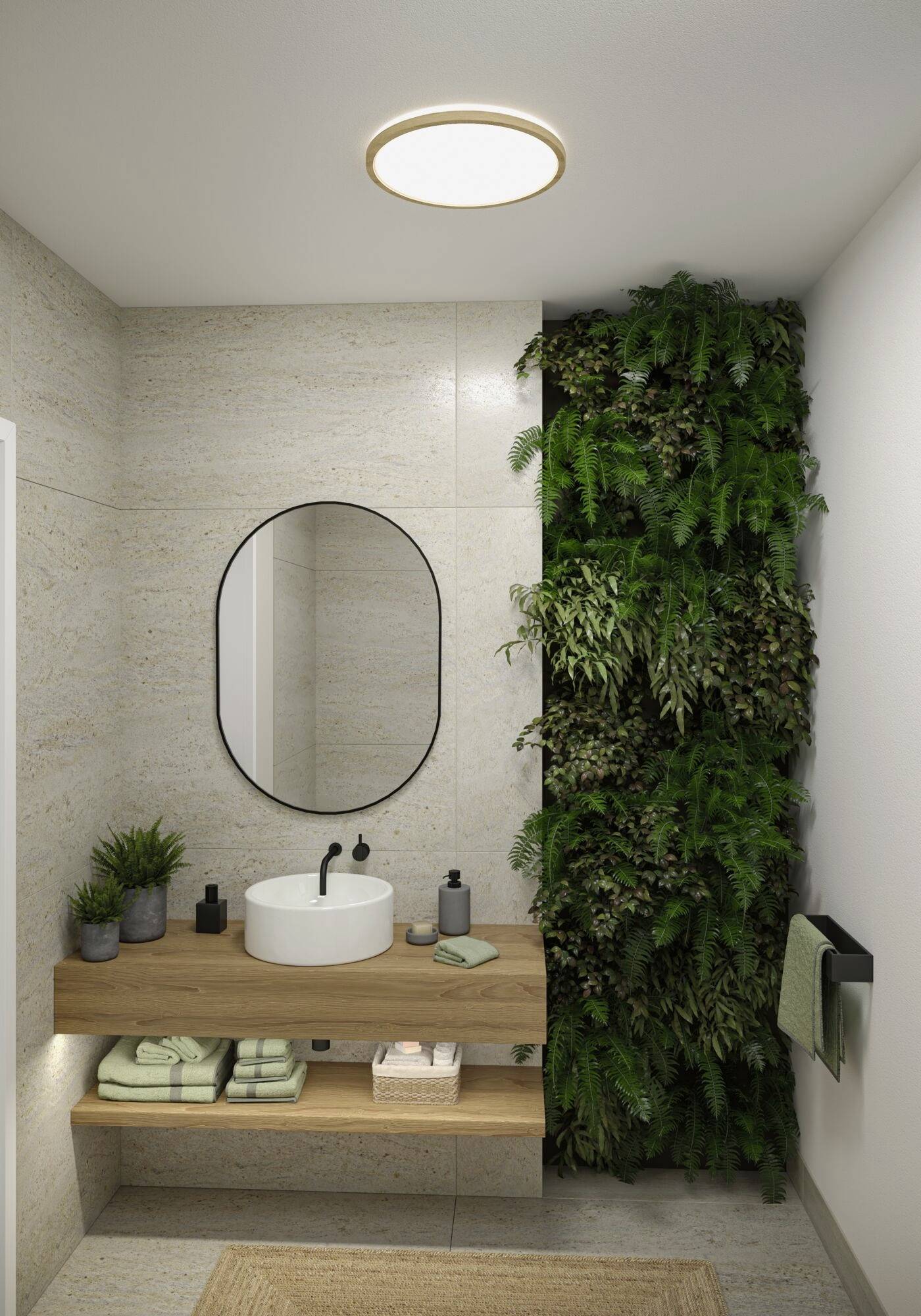 Modernes Badezimmer mit vertikaler Pflanzenwand, rundem Spiegel und Waschbecken. Regale mit Handtüchern und Pflegeartikeln.