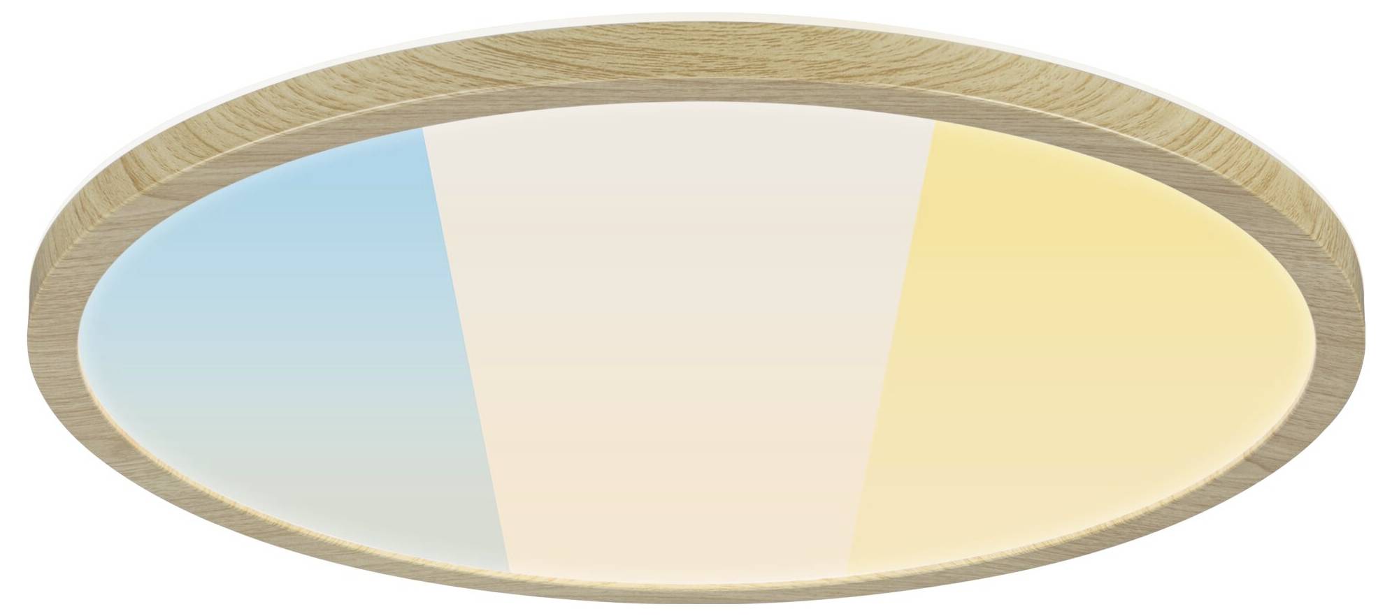Runde Deckenleuchte aus Holz mit drei Farbsegmenten: Blau, Weiß, Gelb.