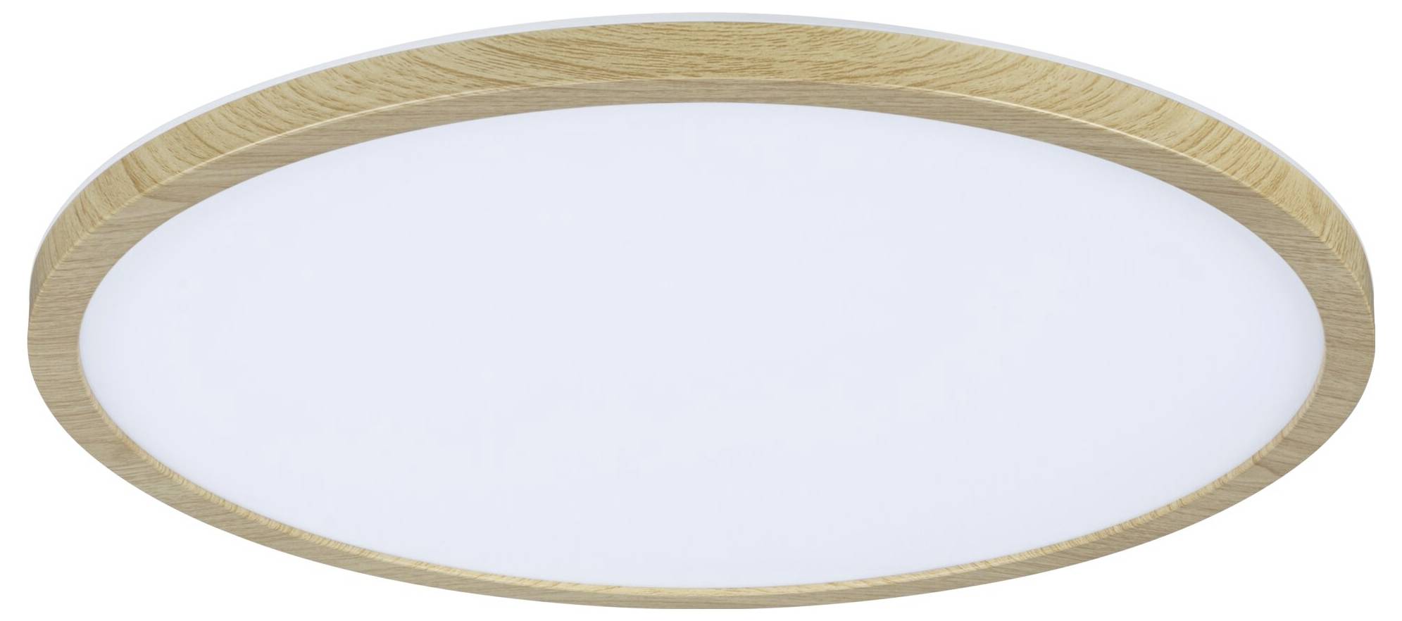 Runde Deckenleuchte mit Holzrahmen und weißem Diffusor. Minimalistisches Design für moderne Innenräume.