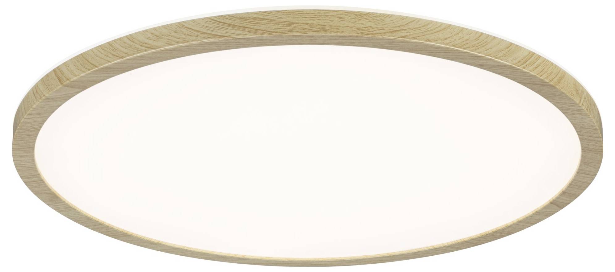 LED-Deckenleuchte mit Holzrahmen, leuchtet in warmem Weiß. Minimalistisches Design, geeignet für moderne Wohnräume.