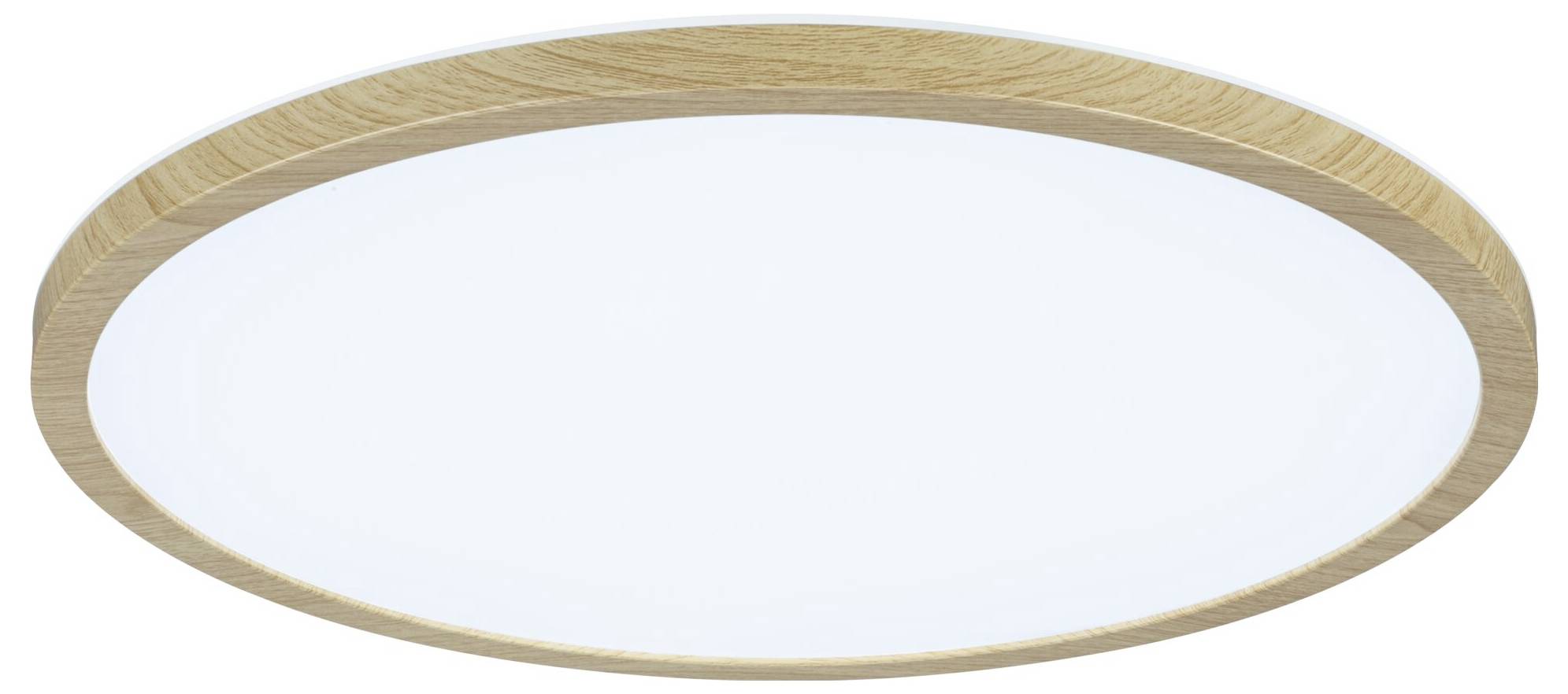 Runde Deckenleuchte mit Holzrahmen, weißer Diffusor in der Mitte, modernes und minimalistisches Design.