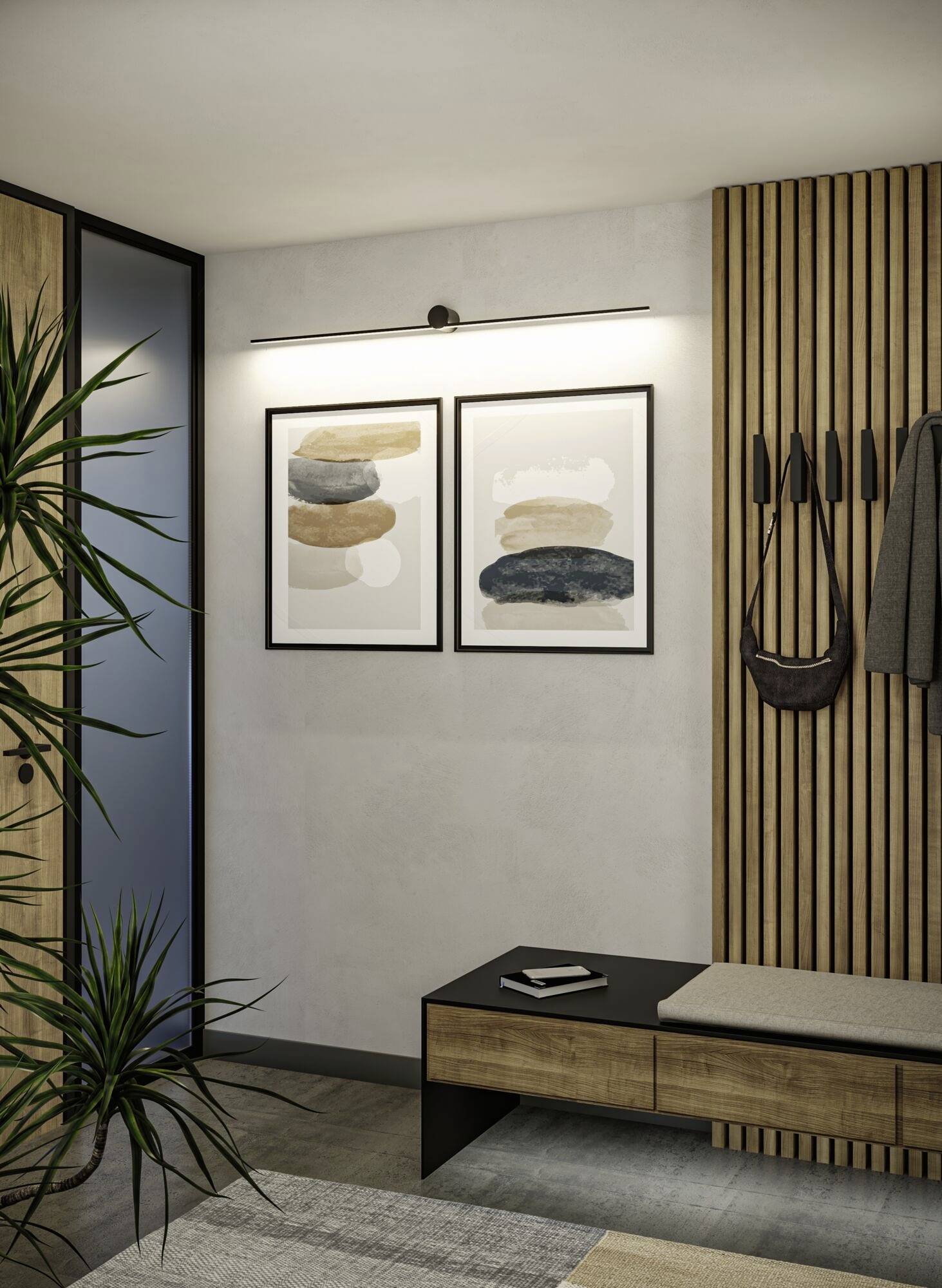 Moderner Flur mit minimalistischem Design: Zwei abstrakte Kunstwerke an der Wand, Holzbank mit Kissen, Pflanzen im Vordergrund.