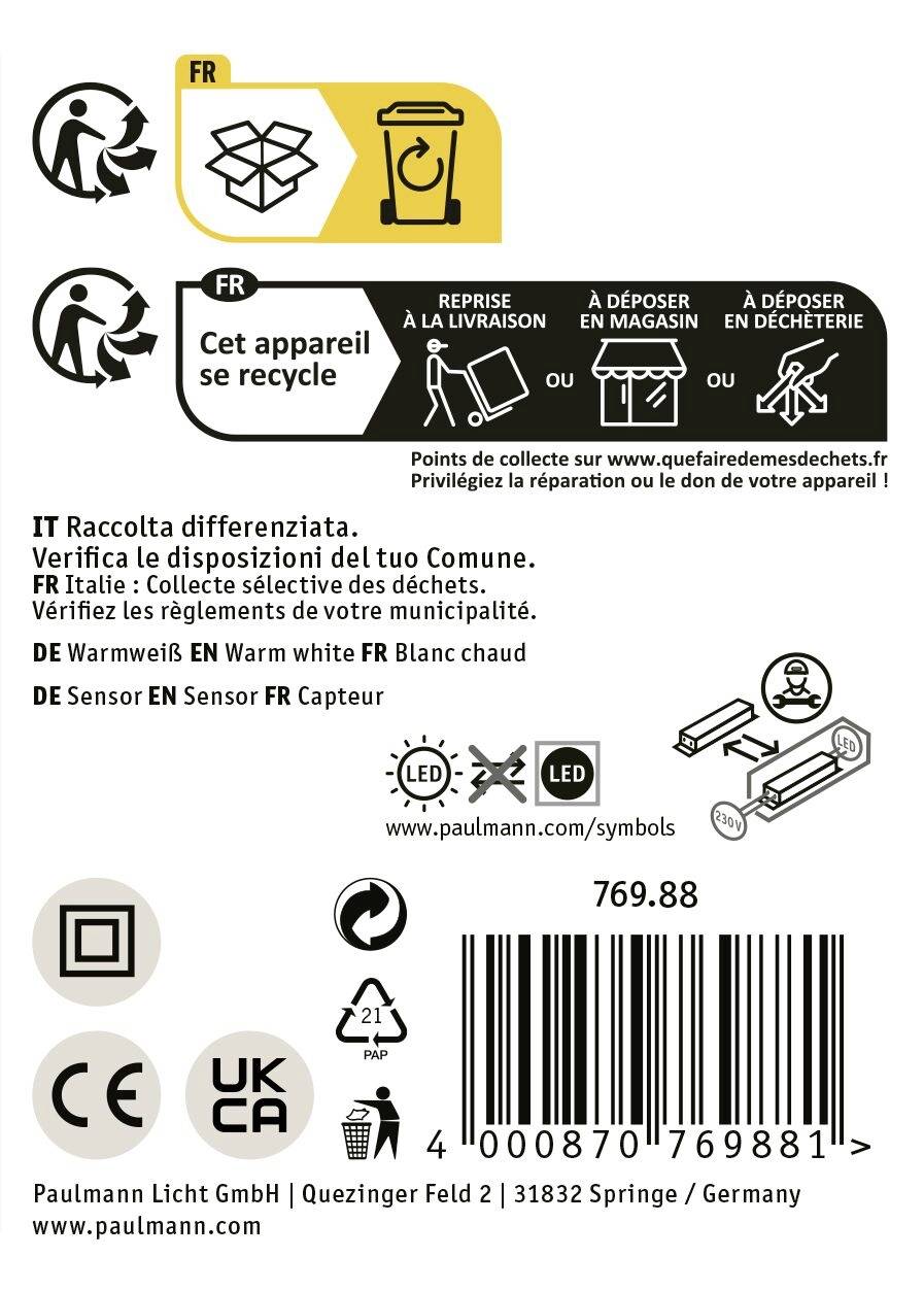 Etikett mit Informationen zur Entsorgung und zum Recycling elektronischer Geräte, inklusive QR-Code und Produktspezifikationen.