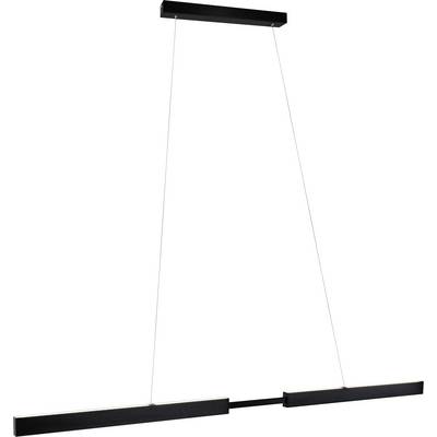 Schwarze Pendelleuchte mit zwei länglichen, horizontalen Lichtleisten, die über feine Kabel an einer schwarzen Deckenhalterung hängen.