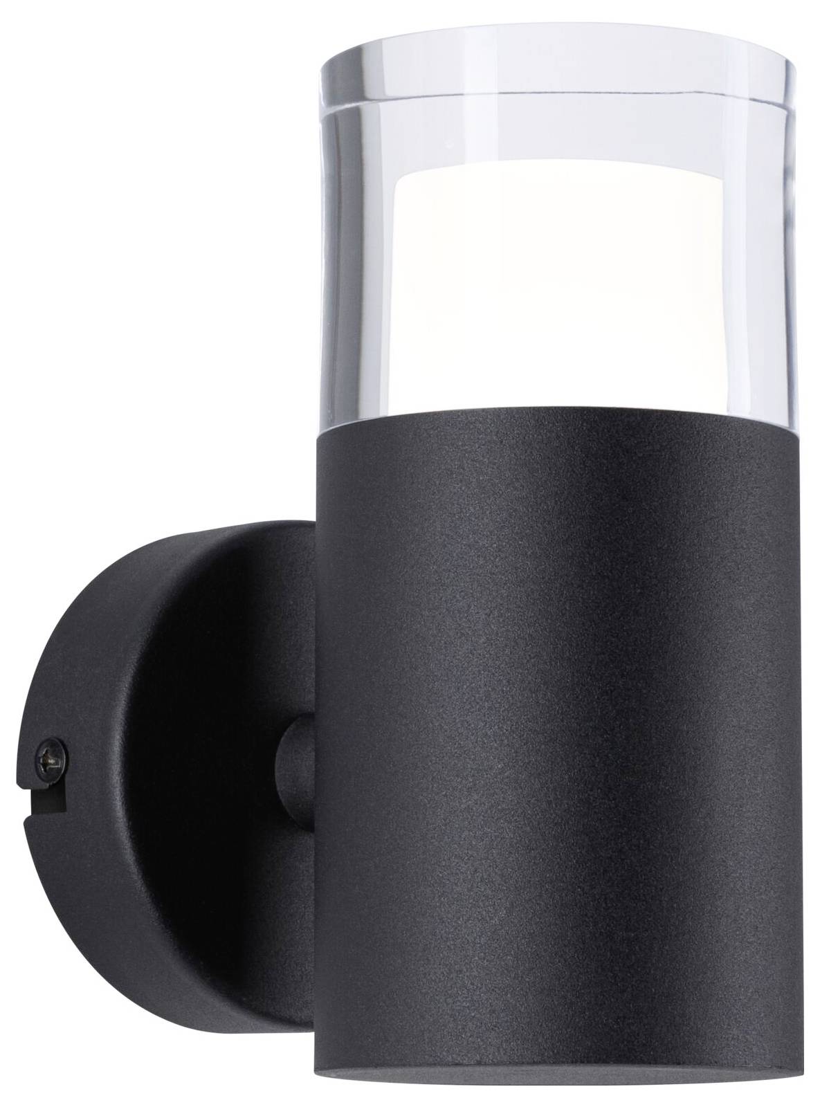 Schwarze Wandleuchte mit klarem Glaszylinder für Außenbereich; modernes Design, beleuchtet nach oben.