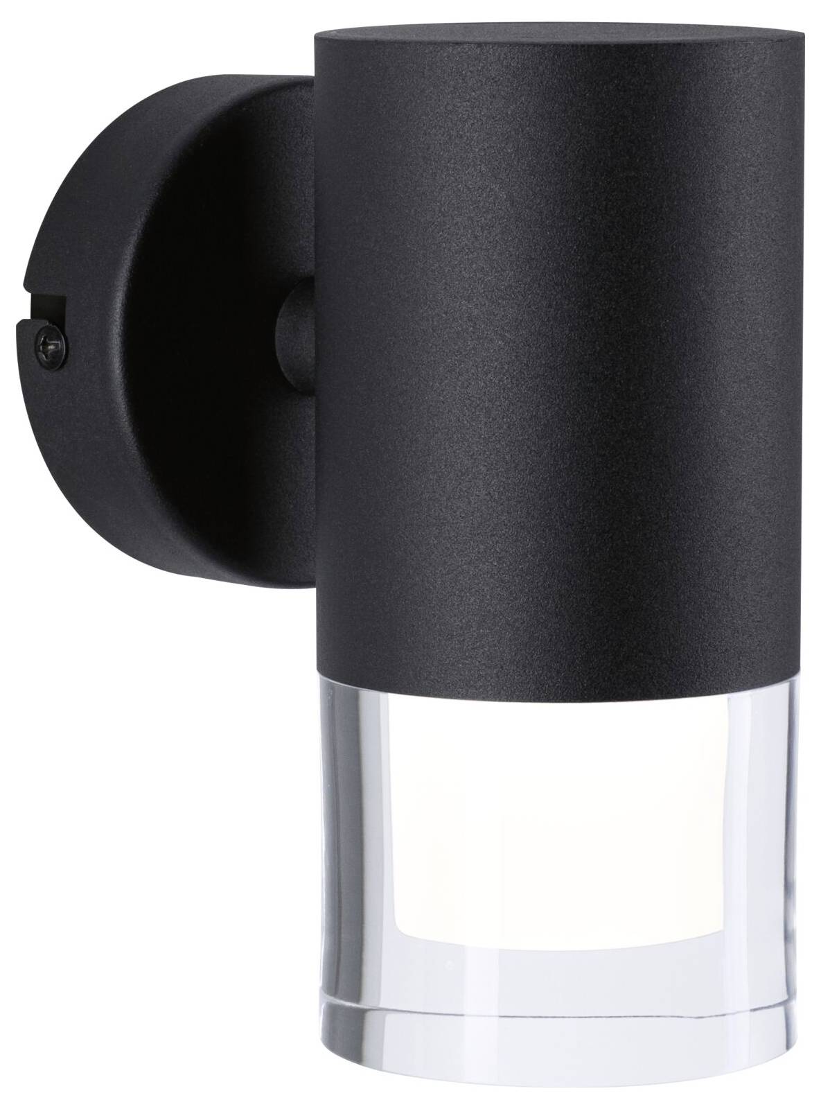 Schwarze Wandlampe mit zylindrischem Gehäuse und transparentem unteren Teil, geeignet für moderne Außenbeleuchtung.