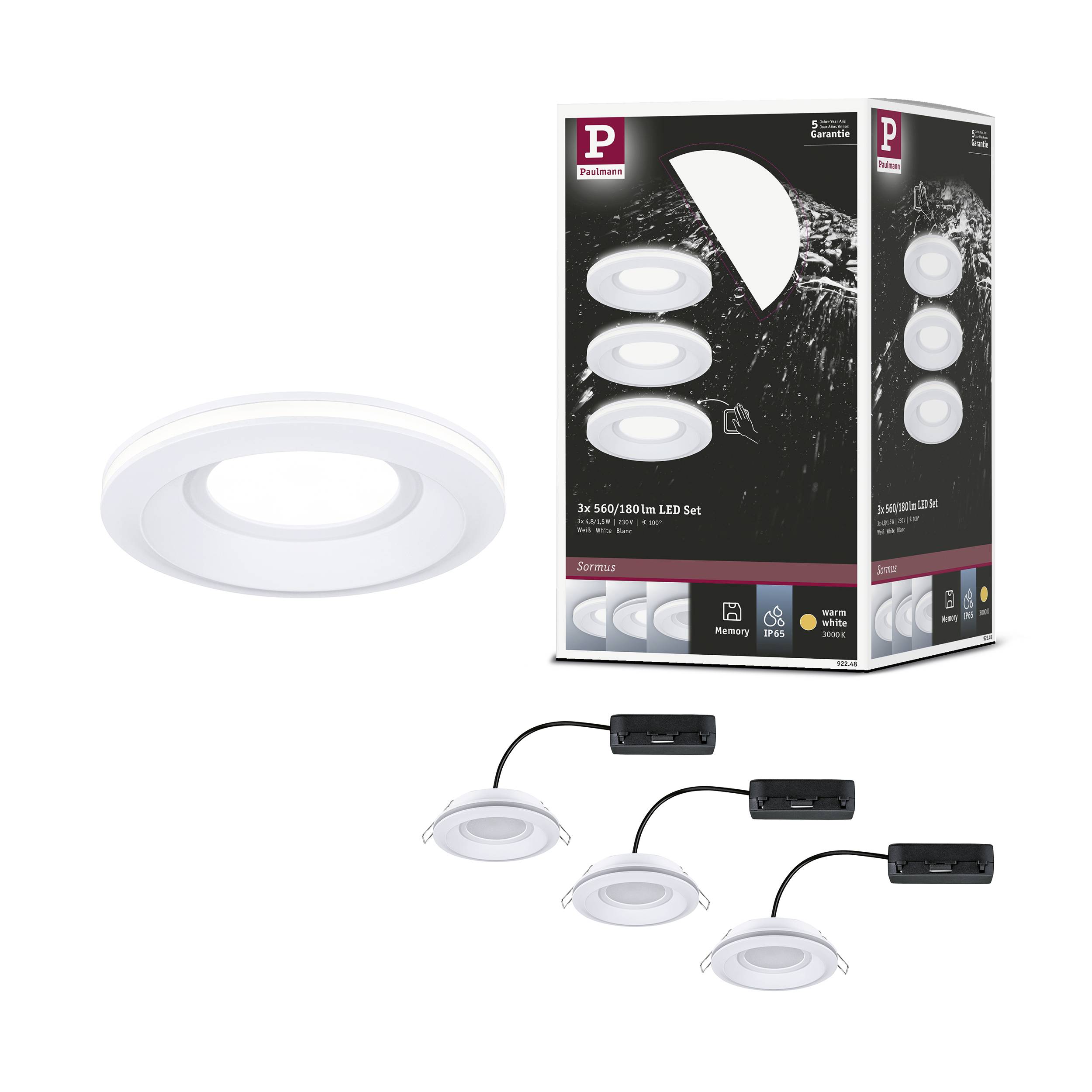 LED-Deckenleuchten-Set mit drei weißen runden Leuchten, inklusive Verpackung. Geeignet für energiesparende, moderne Innenbeleuchtung.