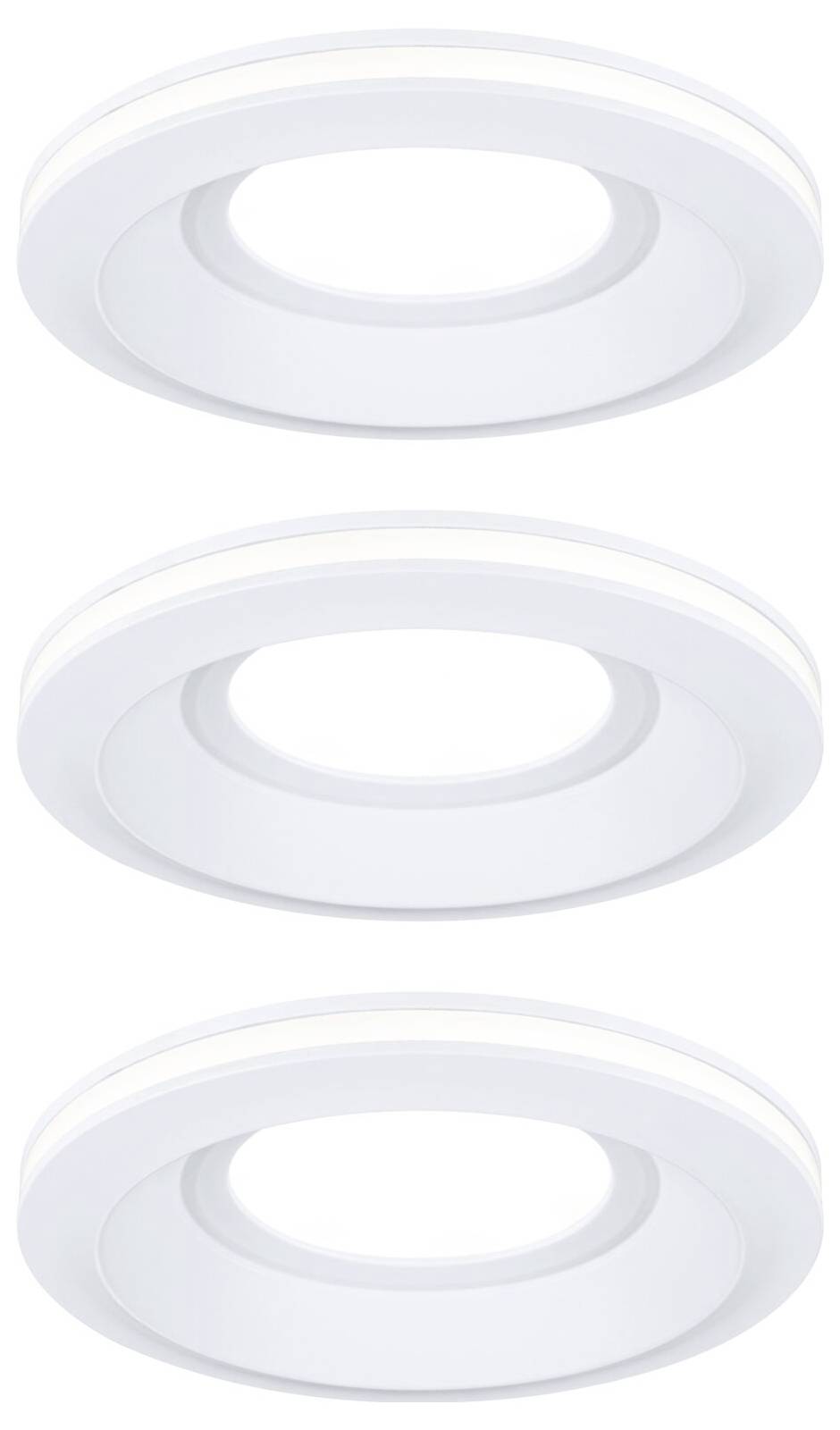 Drei runde, weiße LED-Deckenleuchten in identischem Design, übereinander angeordnet.