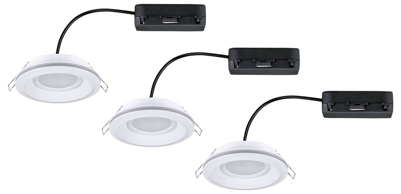 Drei runde, weiße LED-Einbaustrahler, jeweils mit schwarzem Anschlusskasten verbunden, auf weißem Hintergrund.