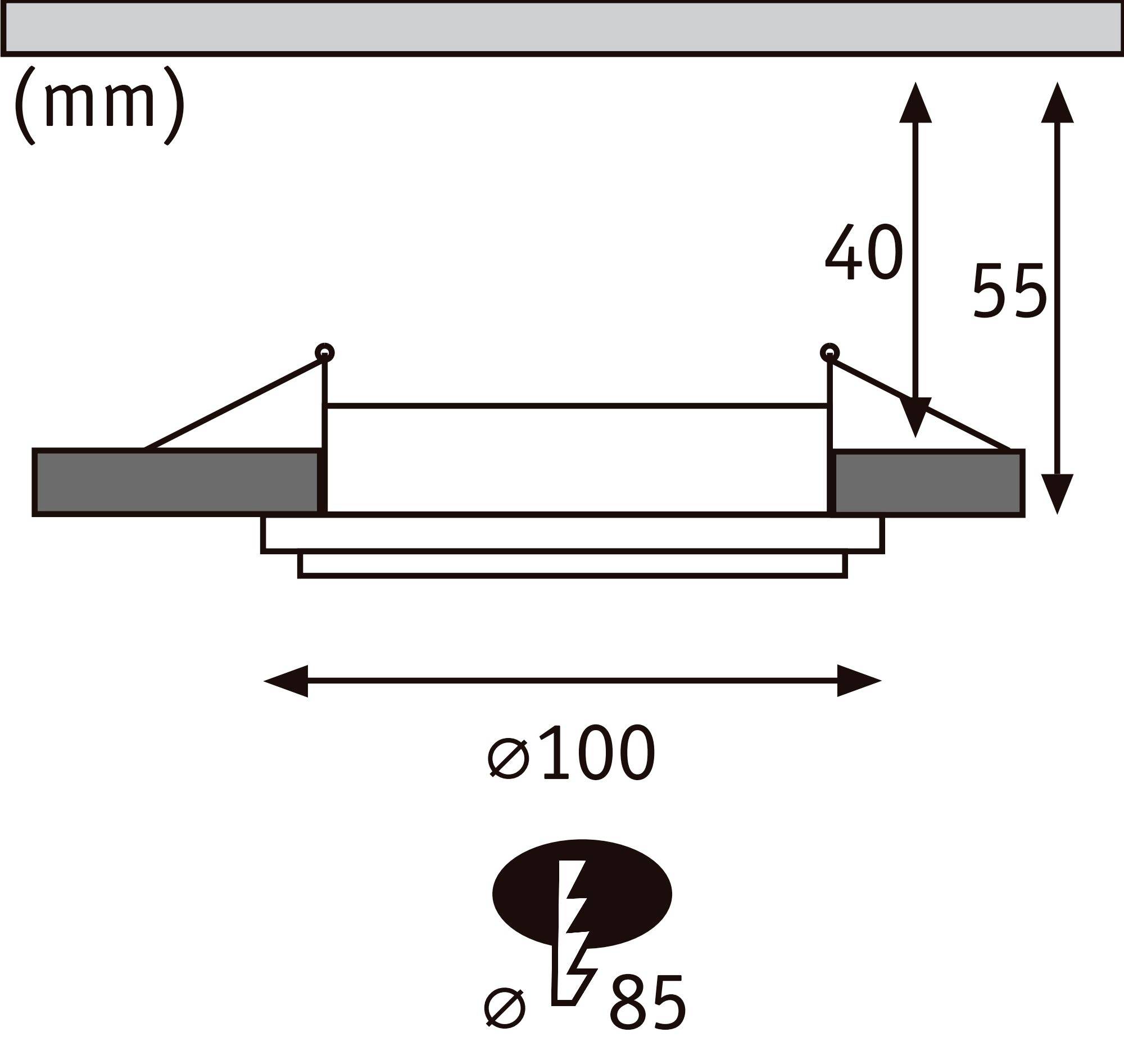 Diagramm zeigt einen runden, flachen Gegenstand mit einem Durchmesser von 100 mm und einer Einbautiefe zwischen 40 und 55 mm. Blitzsymbol mit Ø85 mm.