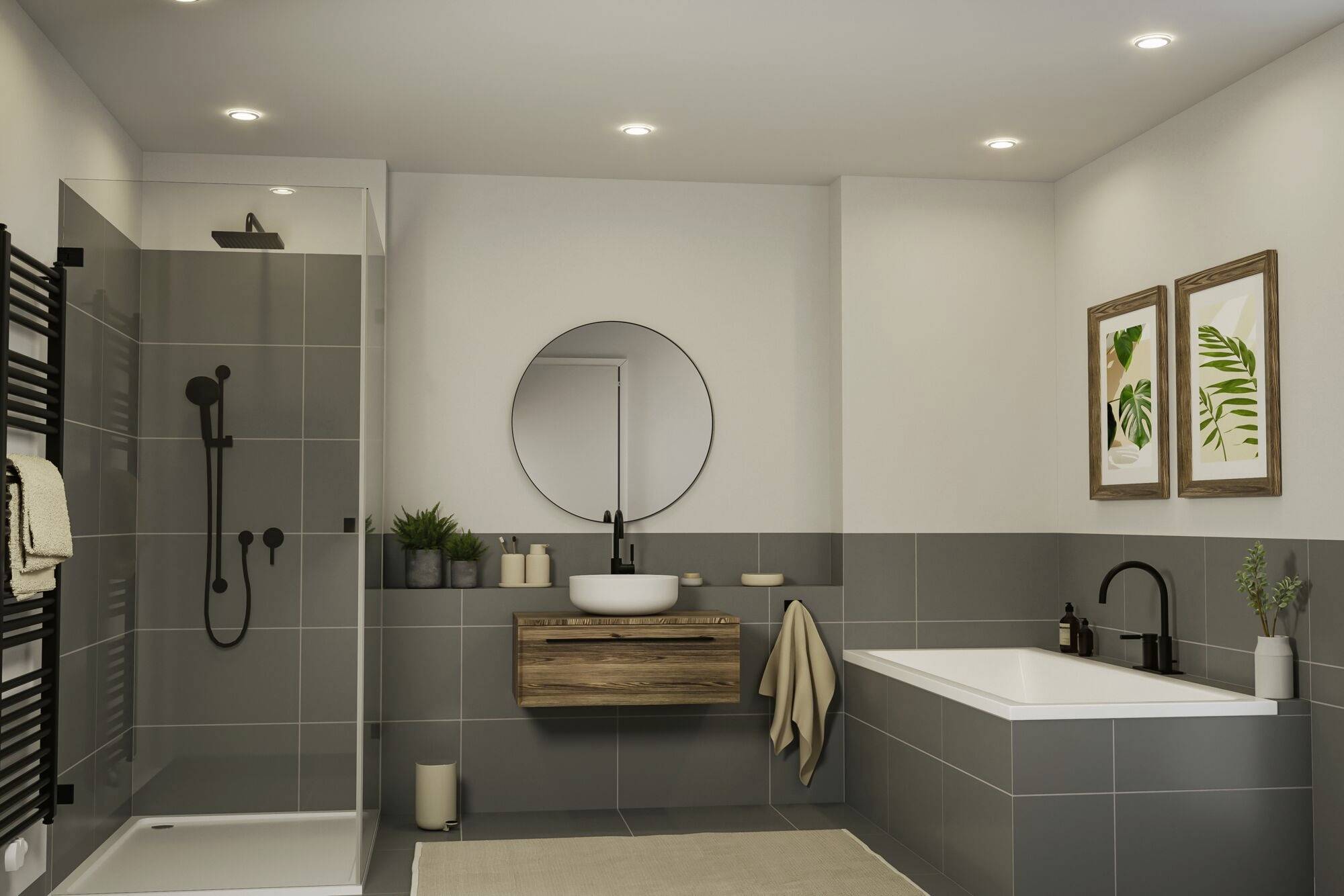 Ein modernes Badezimmer mit dunklen Fliesen, Dusche, freistehender Badewanne, rundem Spiegel über einem Holzwaschtisch und Pflanzenbildern an der Wand.