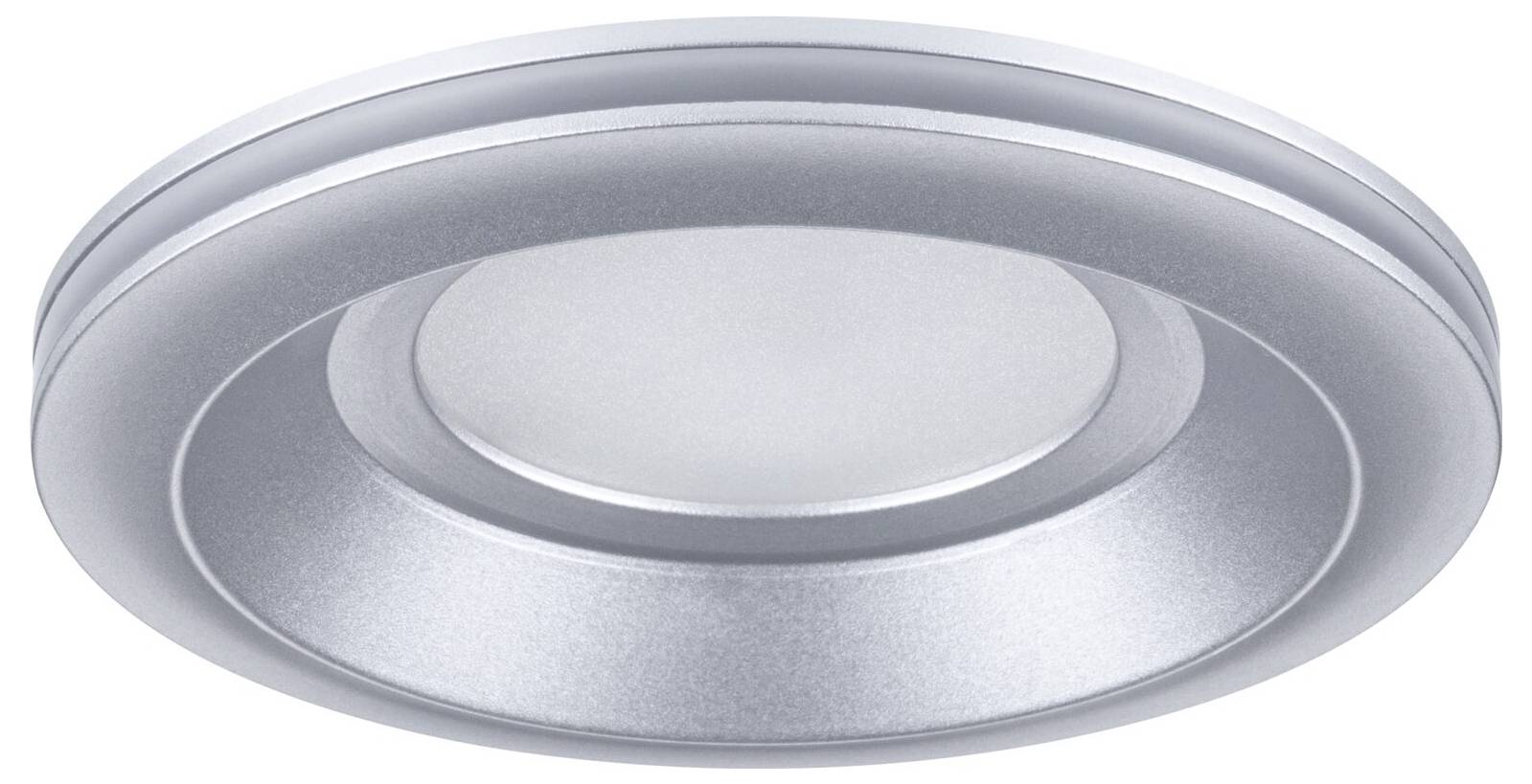 Ein schlichter, runder Deckenspot in Silber mit integriertem LED-Licht. Ideal für moderne, energieeffiziente Innenbeleuchtung.