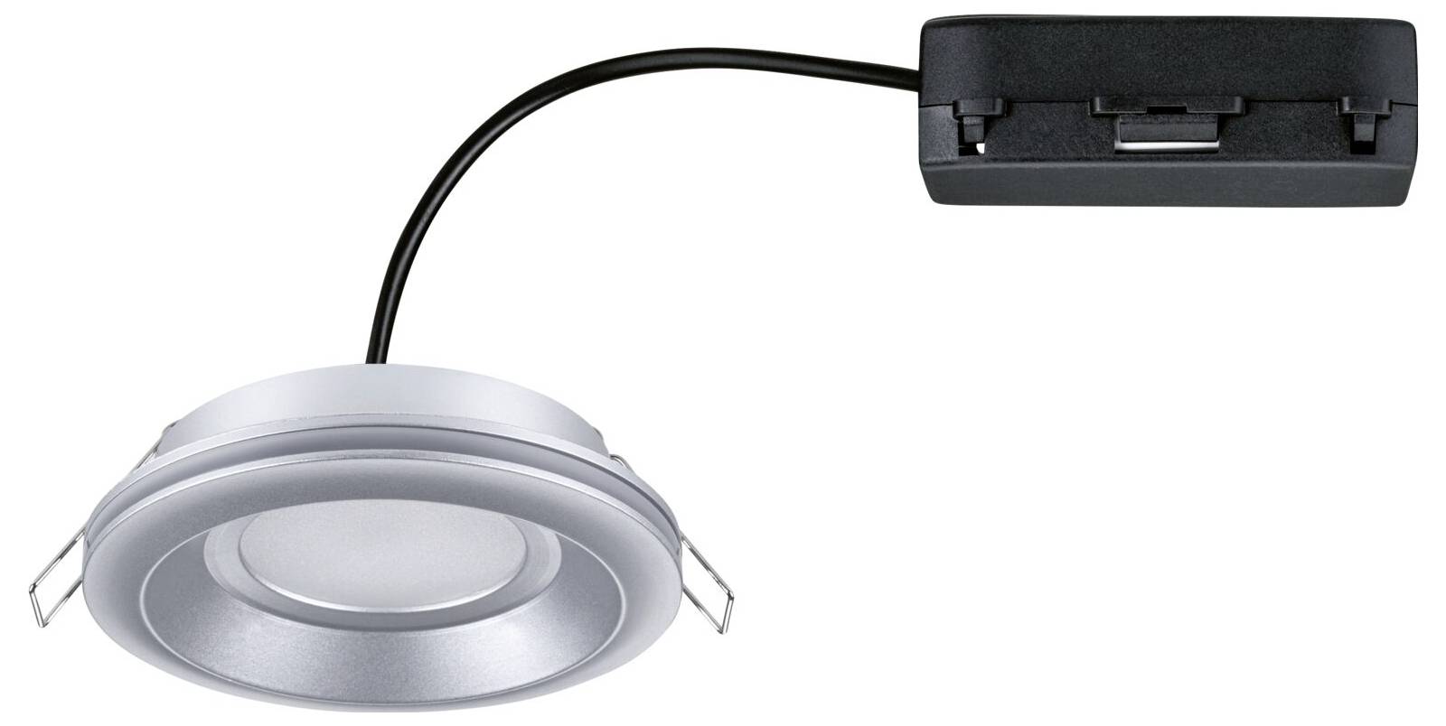 Ein silberner LED-Einbaustrahler mit schwarzem Anschlusskasten, verbunden durch ein Kabel. Geeignet für moderne Beleuchtungssysteme.