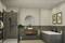 Modernes Badezimmer mit begehbarer Dusche, freistehender Badewanne, rundem Spiegel über Holzwaschbecken und Dekor mit Pflanzenmotiven an der Wand.