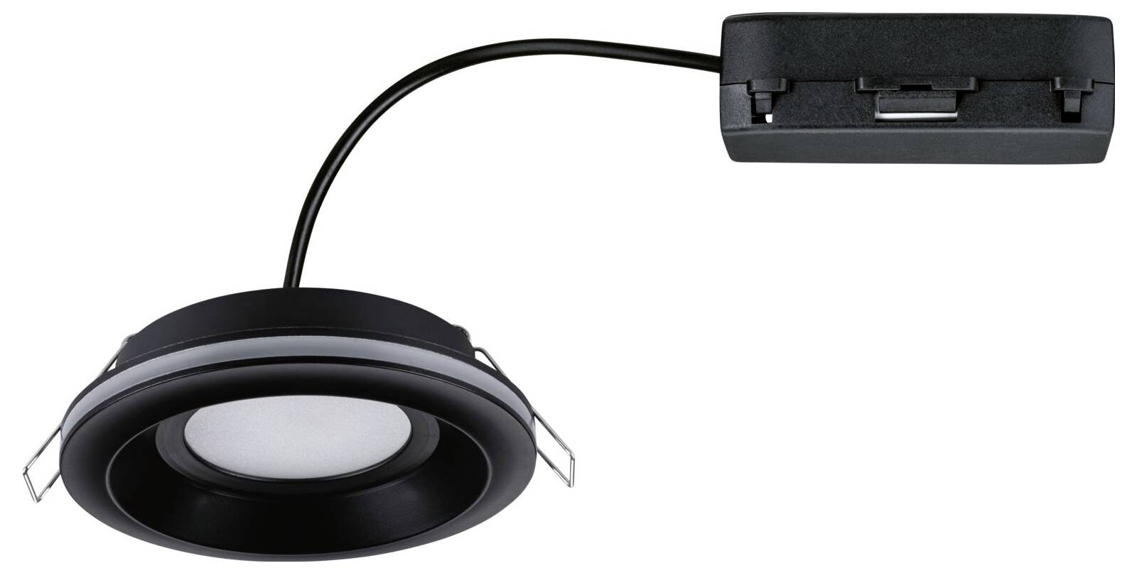 Ein runder, schwarzer Einbauspot mit Kabel und rechteckigem Anschlusskasten. Der Spot hat ein modernes Design und ist stromsparend.