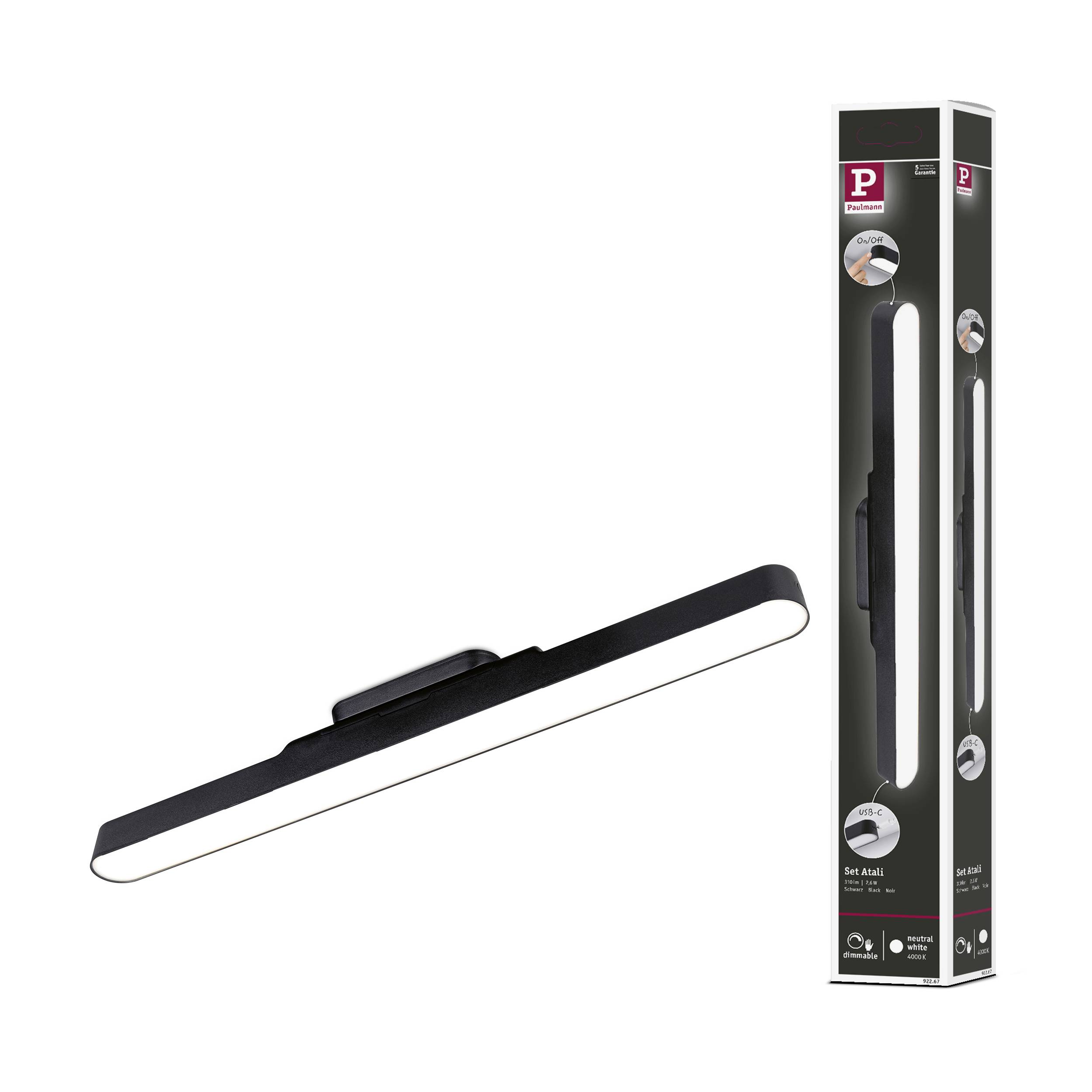 Eine flache, längliche LED-Wandleuchte in Schwarz, neben der Verpackung, die den Markennamen und die Funktionen zeigt.