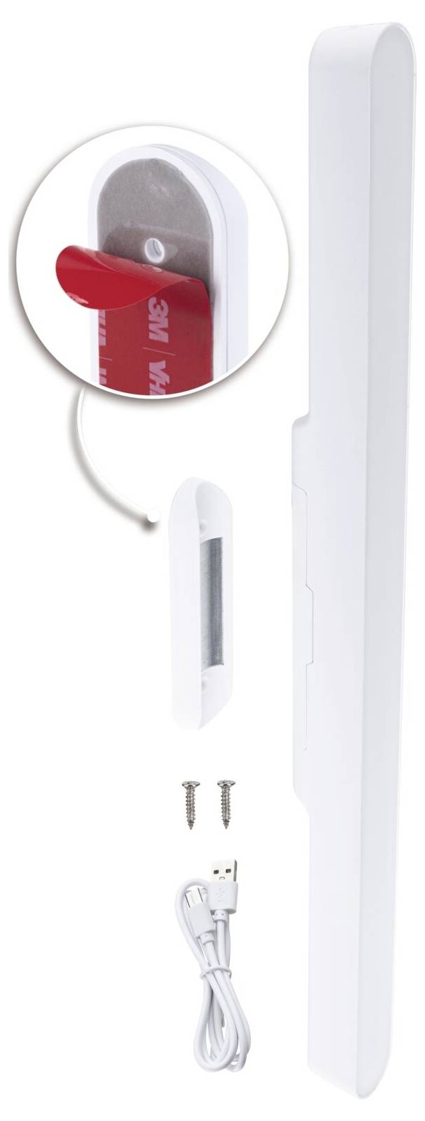 Ein weißer Tür- oder Fenstersensor mit einer Klebemontageoption, zwei Schrauben und einem USB-Kabel zur Installation und Verbindung.